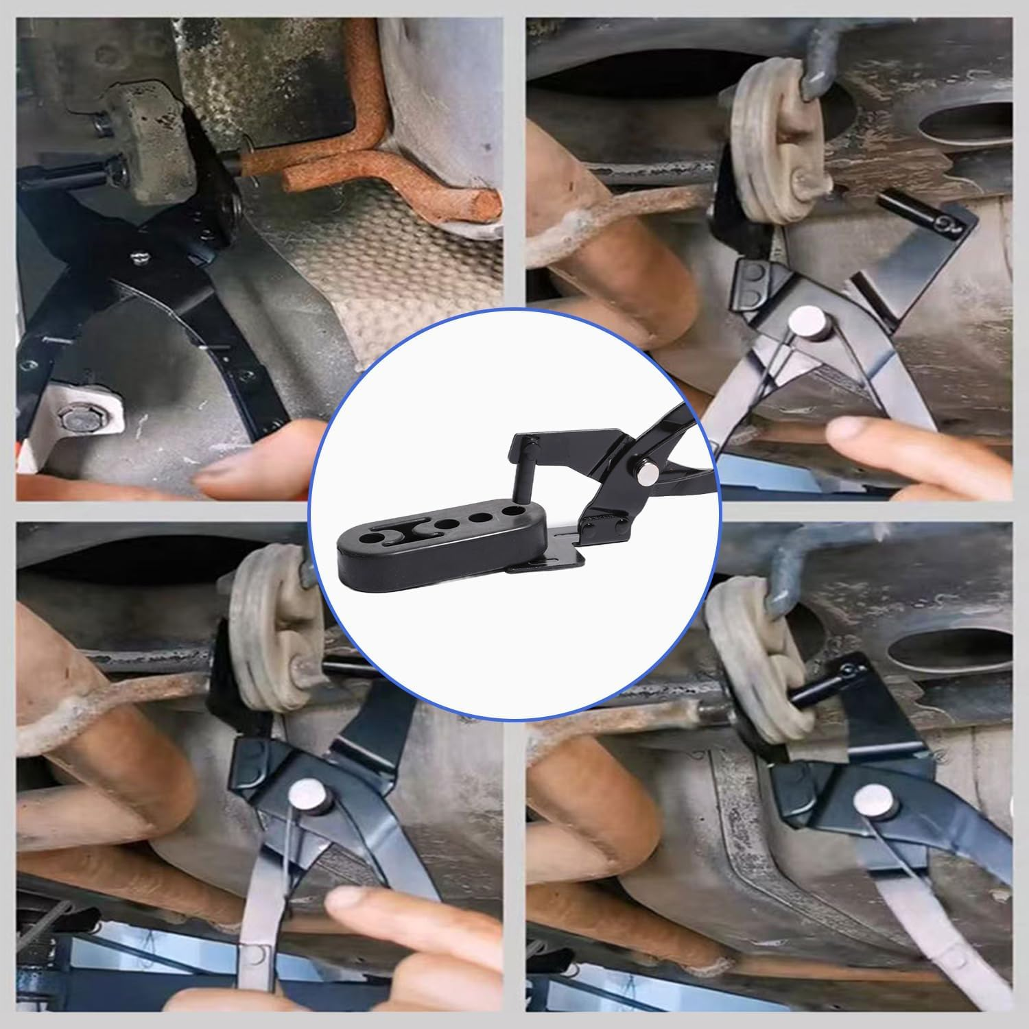 Aikoolwer 10 Inch Exhaust Hanger Removal 3Pcs 4 Hole Exhaust Rubber Setkit Universal Muffler Pliers Tool with 25 Degree Offset Rubber Insulators Support image number 2