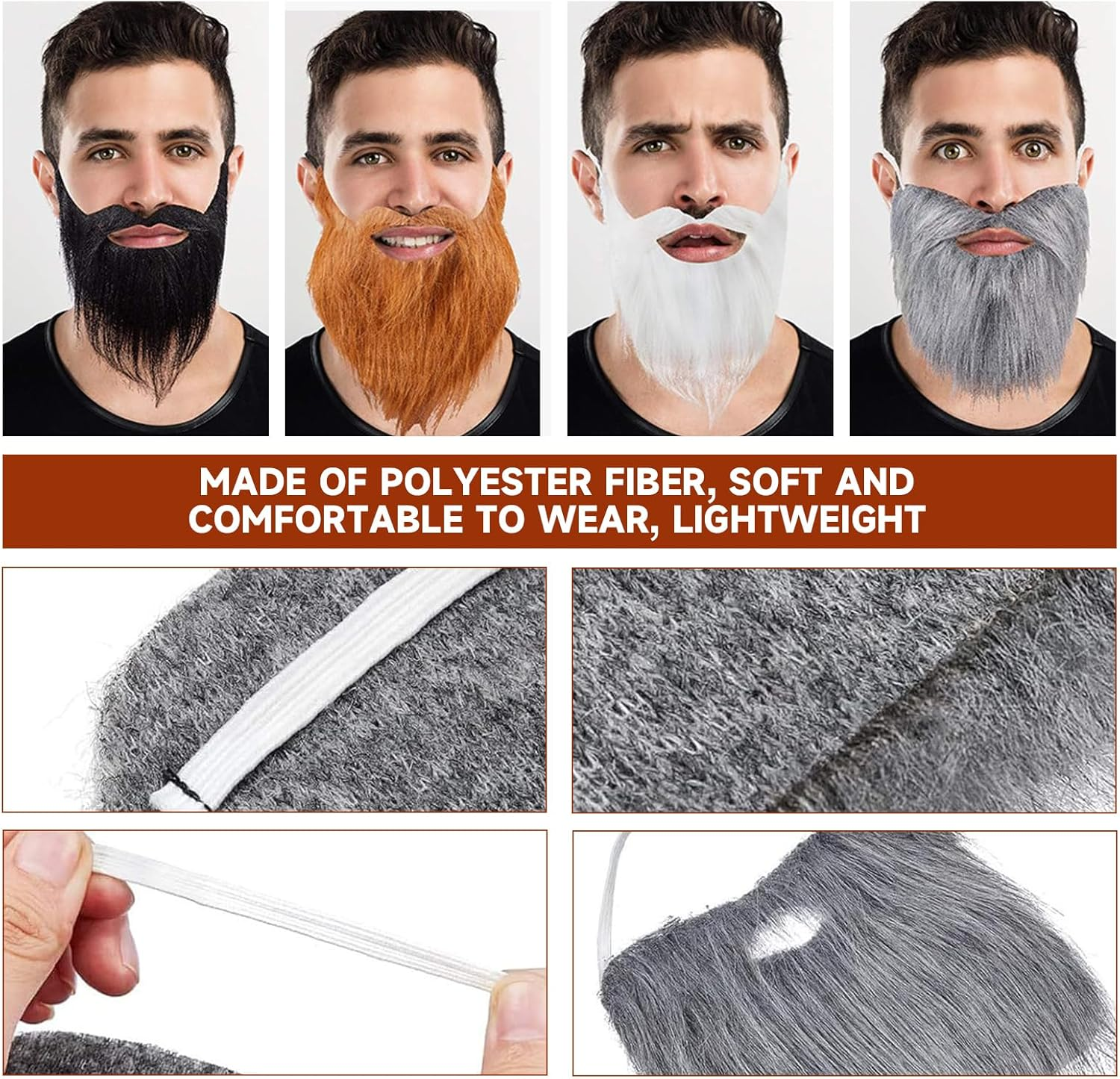 4 Pack Fake Beards & Funny Fake Mustache - Self-Adhesive Fake Whisker Costume Set for Halloween/Christmas/Parties/Cosplay, False Beards for Adults & Children image number 4