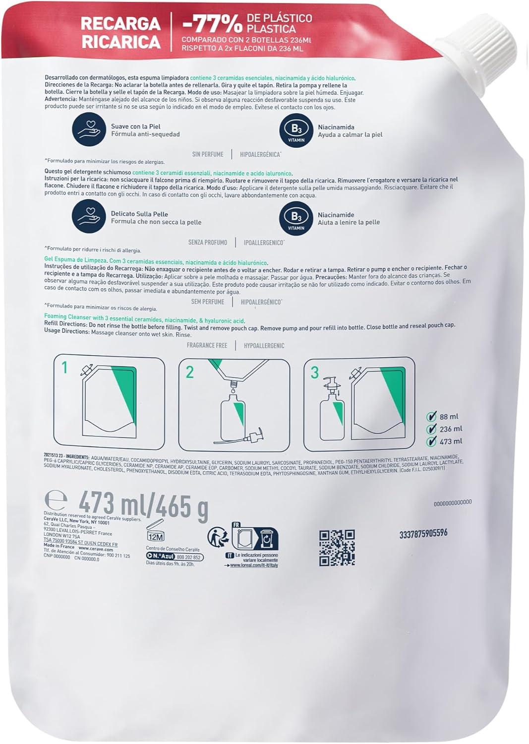 Cerave Foaming Cleanser Eco-Recharge Refill 473 Ml image number 5