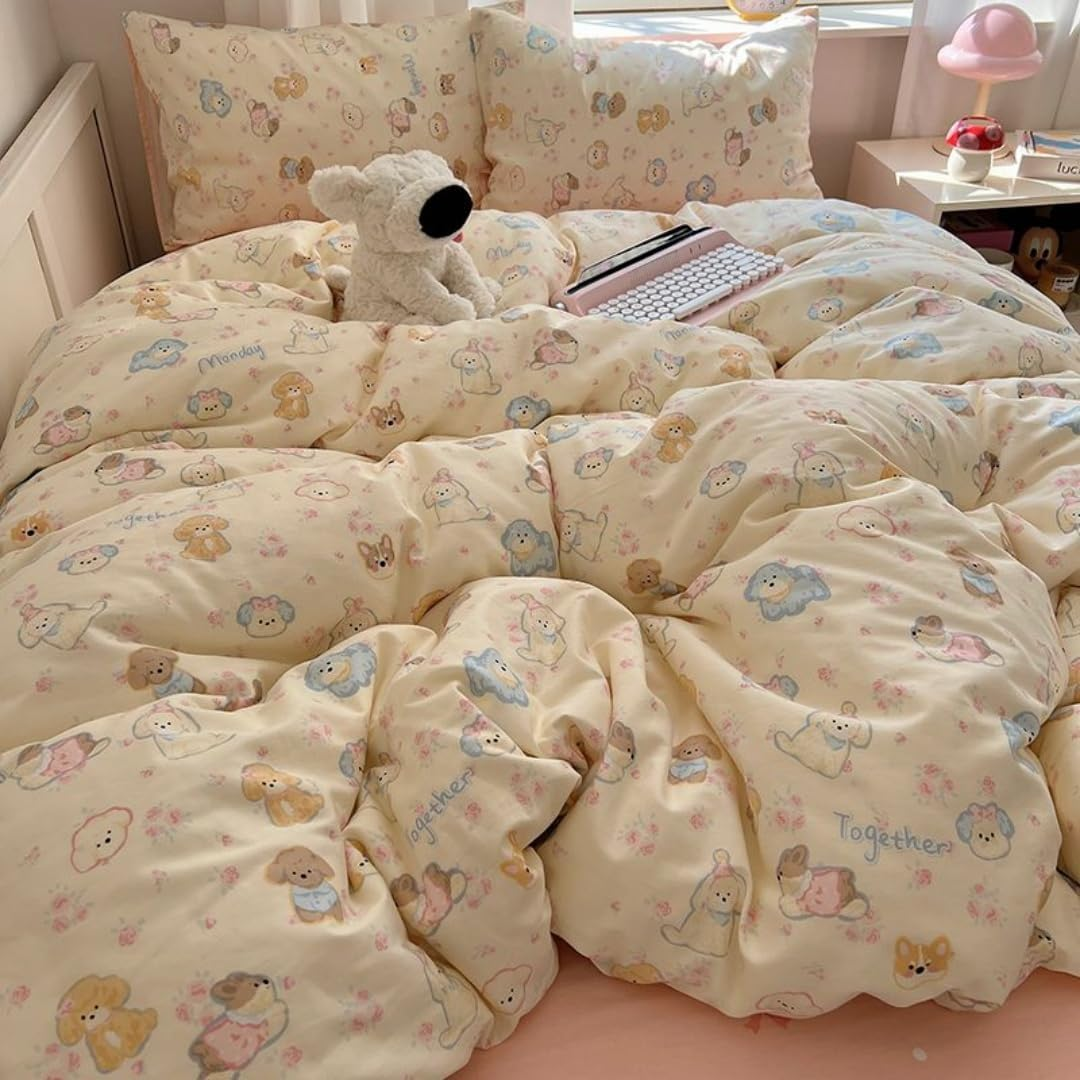3 Pcs Girls Dogs Comforter Cover Set Bed Set Yellow Cute Cartoon Pet Puppy Bedding Set for Kids Boys Teens (1 Comforter Cover, 2 Pillow Sham) (Yellow, Full) image number 2