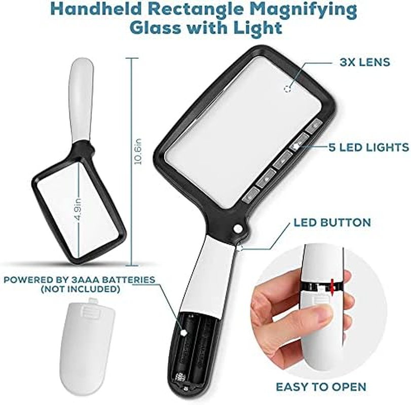 Digitcont Folding Handheld Magnifying Glass with Light, 3X Large Rectangle Reading Magnifier with Dimmable LED for Seniors With, Newspaper, Books, Small Print, for Low Visions image number 4
