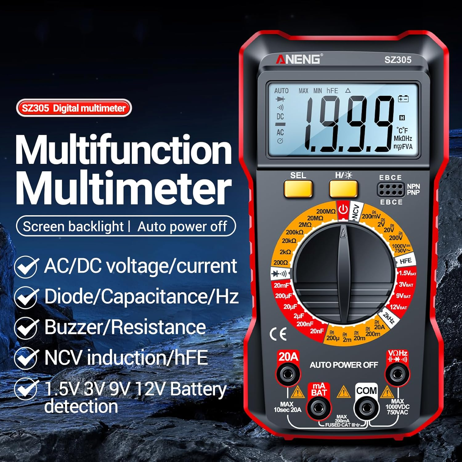 SZ305 Multimeter Capacitor Testers Professional 1999 Counts Smart Voltmeter Ohm Meter Fast Accurately Measures Voltage Current Resistance Capacitor Frequency Diode Hfe image number 4