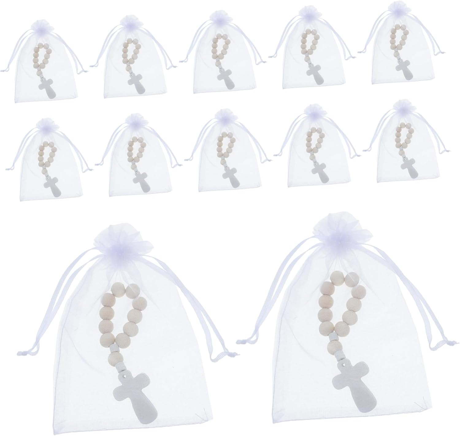 Jojofuny 40Sets Wooden Rosary Beads Mesh Bags for Baptism Religious Prayer Favors Small Rosary Cross Charms image number 5