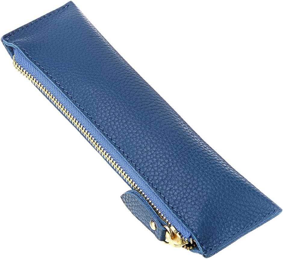 BTSKY Genuine Leather Pencil Case - Zippered Pen Case Stationery Bag Zipper Pouch Pencil Holder(Blue)