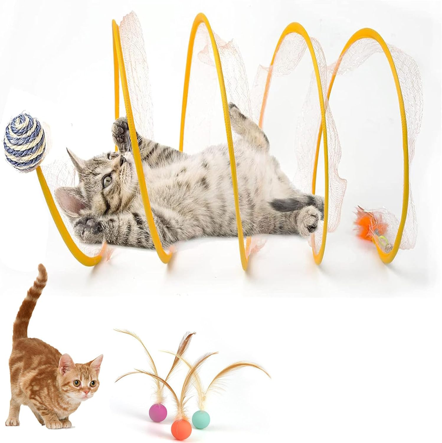 1 Pack Folded Cat Tunnel and Cat Balls Toy with Feathers,Cat Toys Tunnels for Indoor Cats,Cat Toys Bouncy Balls for Indoor Interactive Cats Soft Kitten Toys image number 4