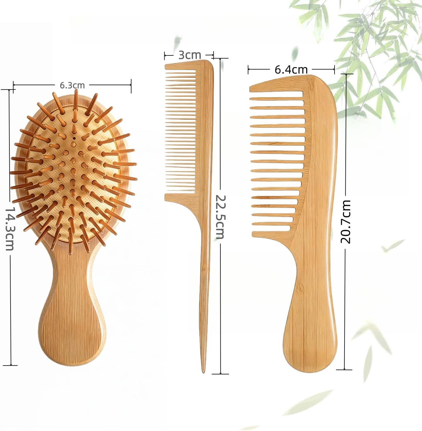 Bamboo Hair Brush and Comb Set 3 PCS, Wooden Hair Brush with Rat Tail Comb, Wide Tooth Comb and Cushion Brush for Curly and Straight Hair image number 5