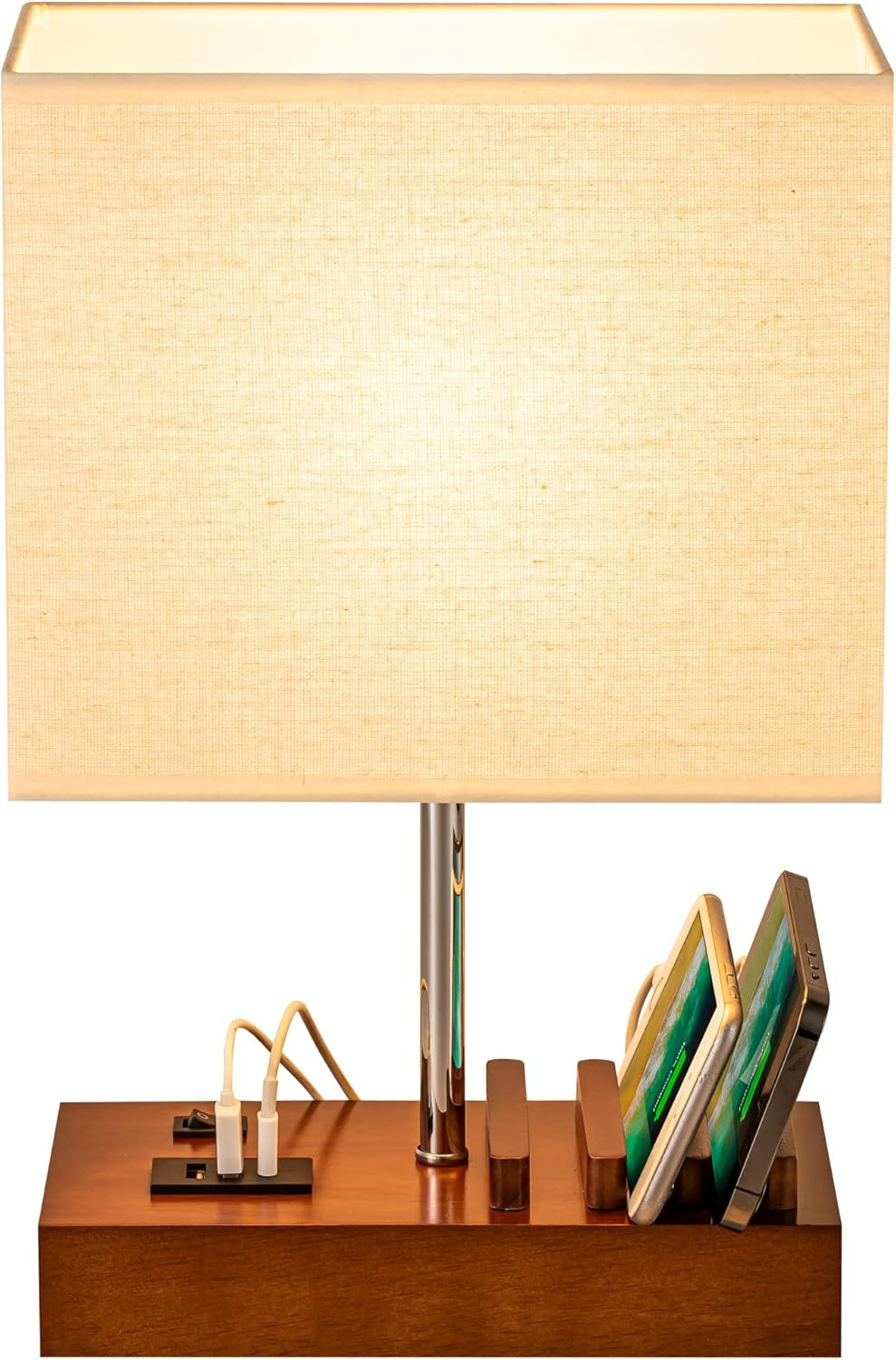 Dreamholder Table Lamp with 3 USB A+C Ports, 3 Phone Stands, Modern USB Bedside Lamp for Bedroom, Living Room, Office, Bedside Lamp with Black Wood Base & Fabric Shade