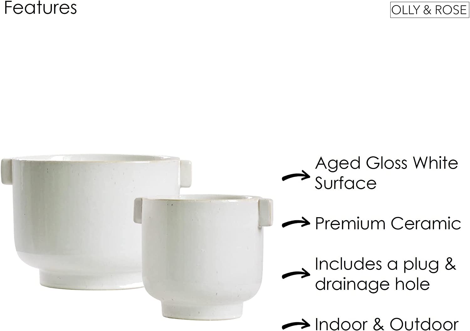 Olly & Rose Cotswolds Ceramic Plant Pot Set with Handles - Indoor & Outdoor Planters - Aged White Gloss Finish image number 1