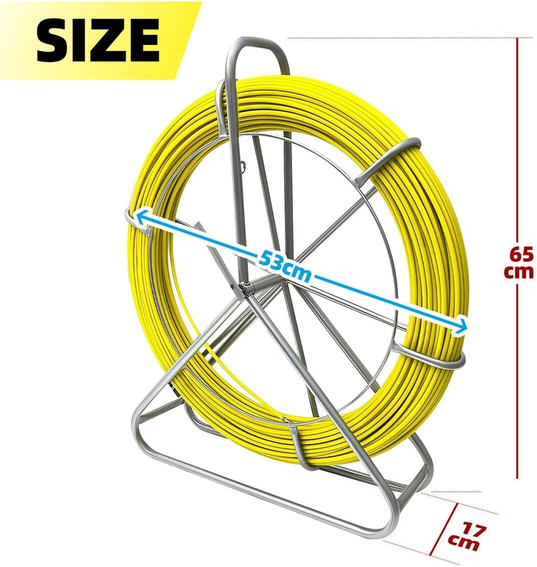 AUSWAY Fish Tape Puller Fibreglass 130Mx6Mm Wire Cable Running Duct Rodder Electrical Fishtape Pulling Rod NBN Tool Brake Portable Steel Reel Stand Sewer