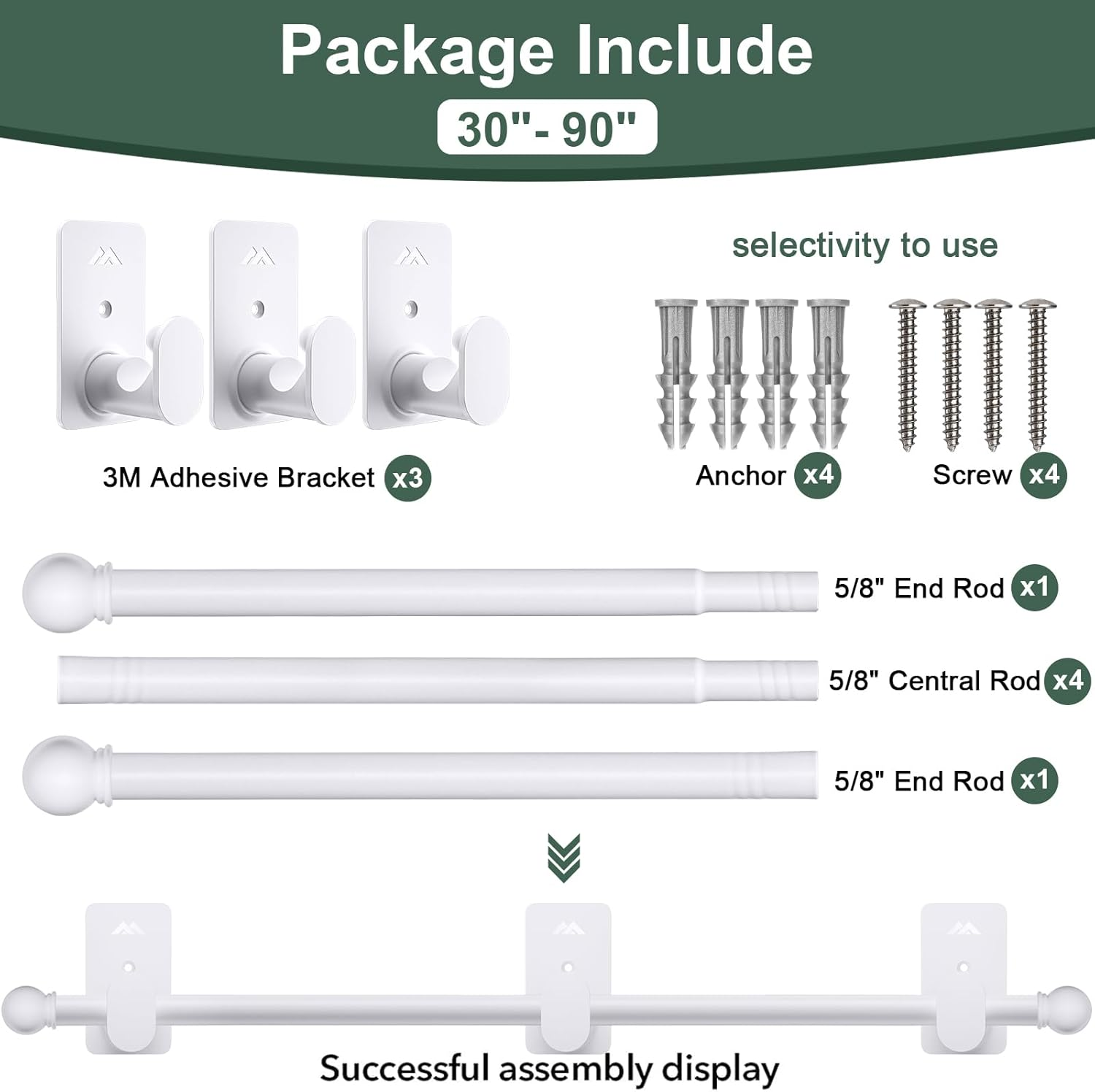 Curtain Rods No Drilling for Windows 30 to 90 Inches,5/8 Inch Diameter No Drill Curtain Rod Set with 3M Adhesive Brackets, White image number 3