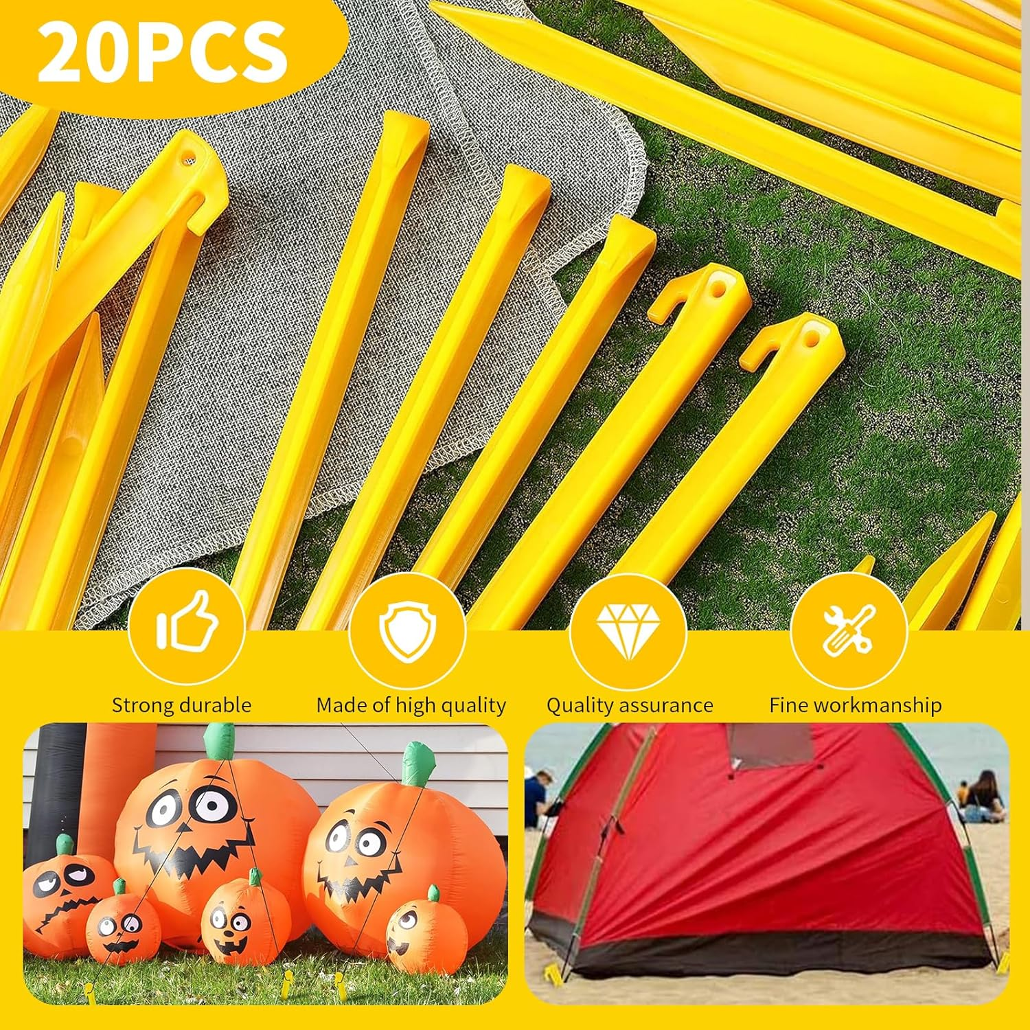 20 PCS Heavy Duty Tent Stakes, 30CM/12INCH Awning Pegs, Canopy Anchoring Pegs, Durable Spike Hook Tent Stakes, Sand Stakes, Camping Caravan Pegs Stakes, Outdoor Camping Beach Spikes Stakes (Yellow) image number 1