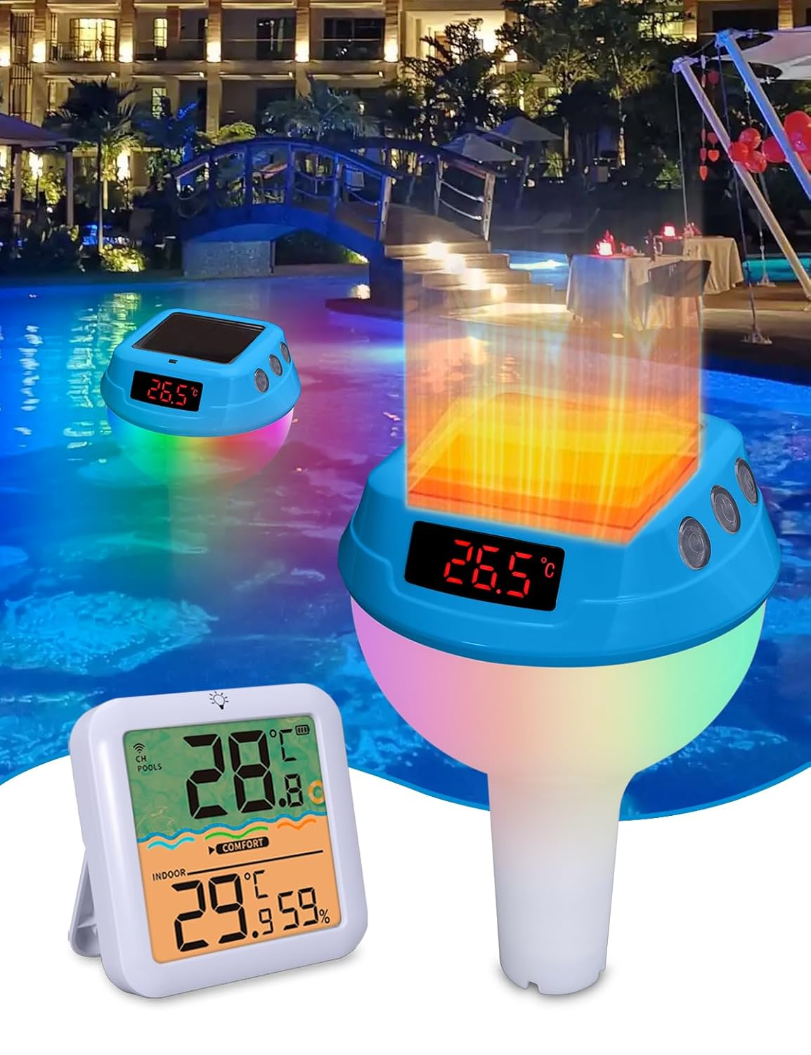 Solar Pool Thermometer Indoor Outdoor Temperature Humidity Monitor, Pool Light, Temperature Humidity Alarms, for Swimming Pools, Hot Springs, Hot Tubs, Baby Baths, Small Ponds image number 1