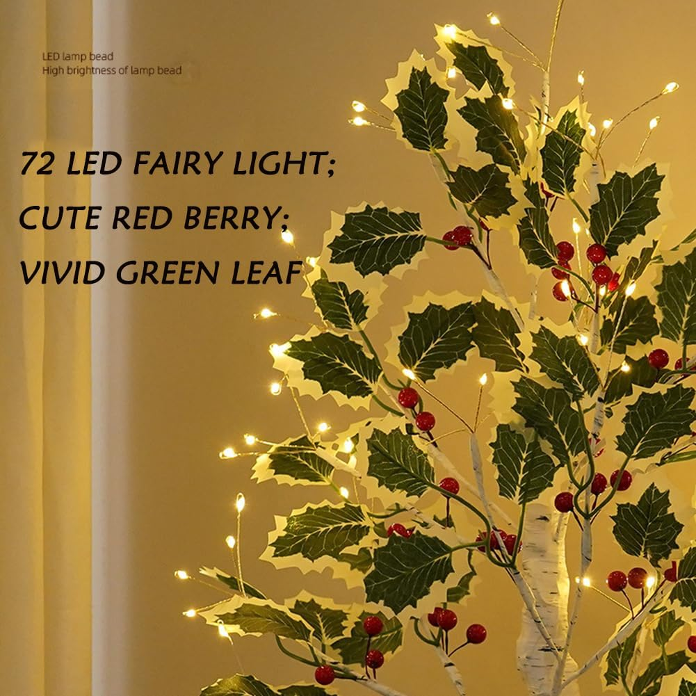 2FT Fairy Lights Birch Tree 72 LED Tree Lamp with Timer for Easter Christmas Decorations Light Spirit USB or Battery Powered Branch Lighted Trees Indoor Outdoor (72 LED, Green Tree with Berry Decor) - White image number 4