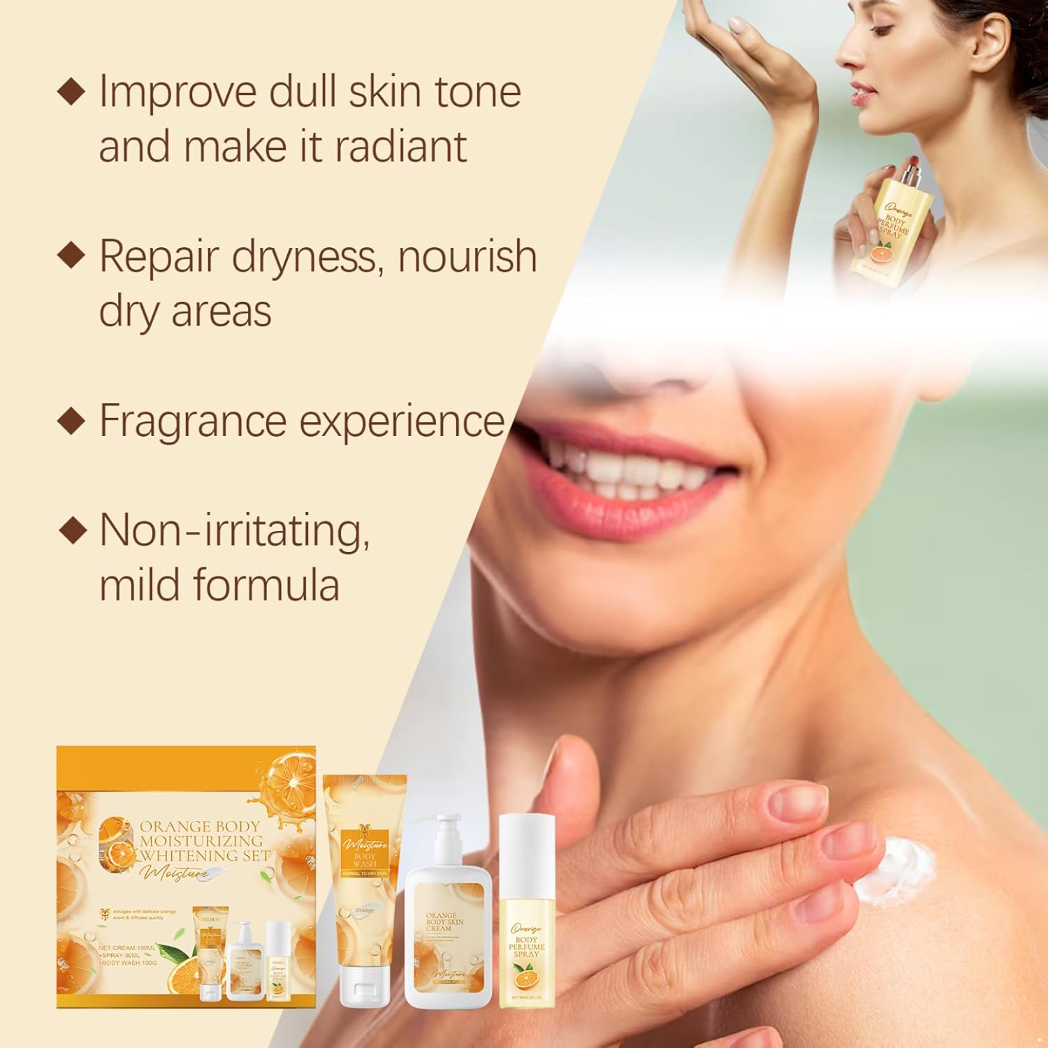 Moggemol Sweet Orange 3 Piece Body Care Collection Moisturizing Shower Wash Smoothing Body Cream Refreshing Fragrance Daily Use Orange One Size image number 5