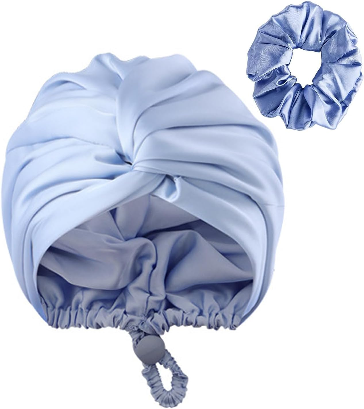 AUMA Adjustable Satin Silk Bonnet for Sleeping: Night Sleep Cap Turban for Women Men, Large Long Curly Hair Braid Wrap Tie Elastic Drawstring Band Stay on Head Unisex,Blue