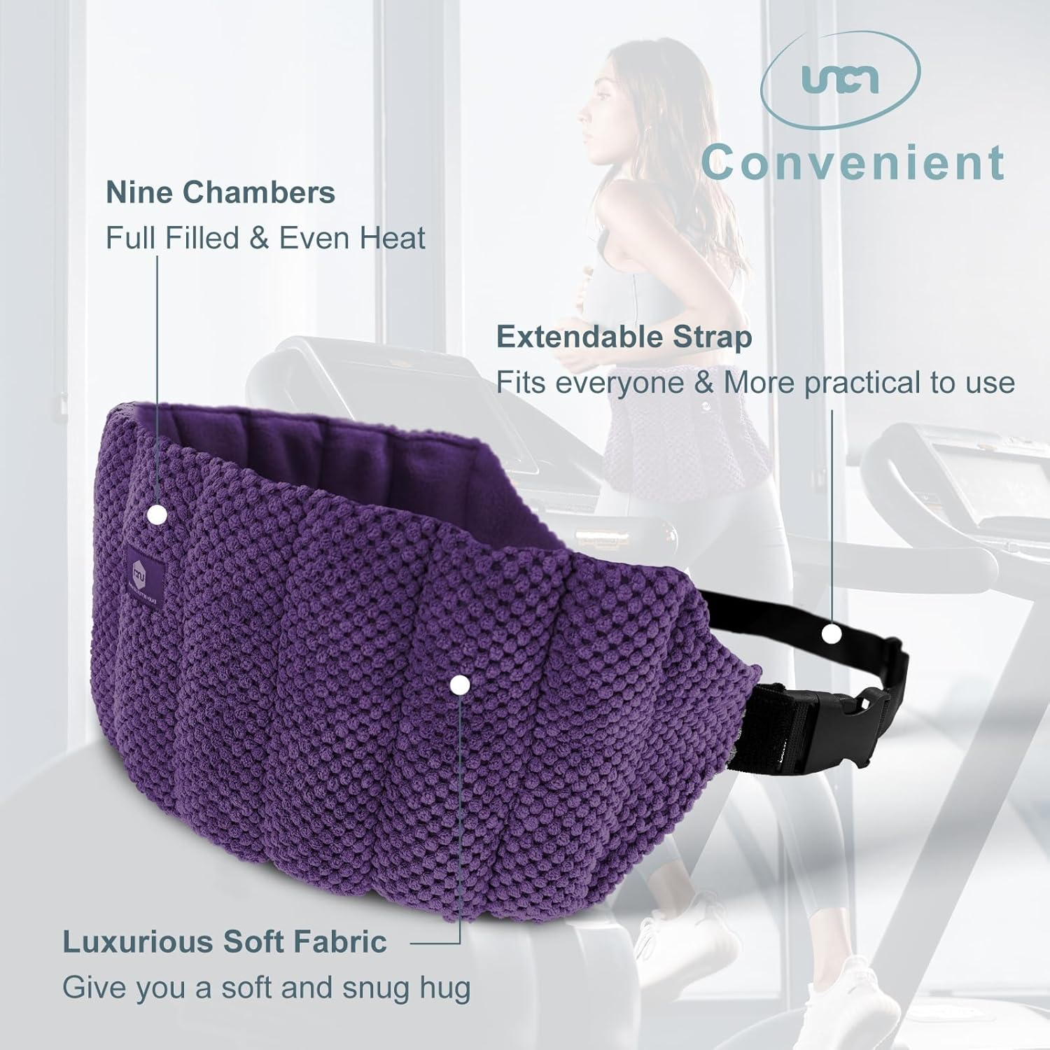 UNCN Large Microwave Heat Pack for Lower Back Pain Relief with Adjustable Strap| Wheat Bags Microwavable for Belly, Lumbar, Neck & Shoulder, Cramps, Menstrual, Muscle Spasms| Back Heat Pack (Dark Purple)