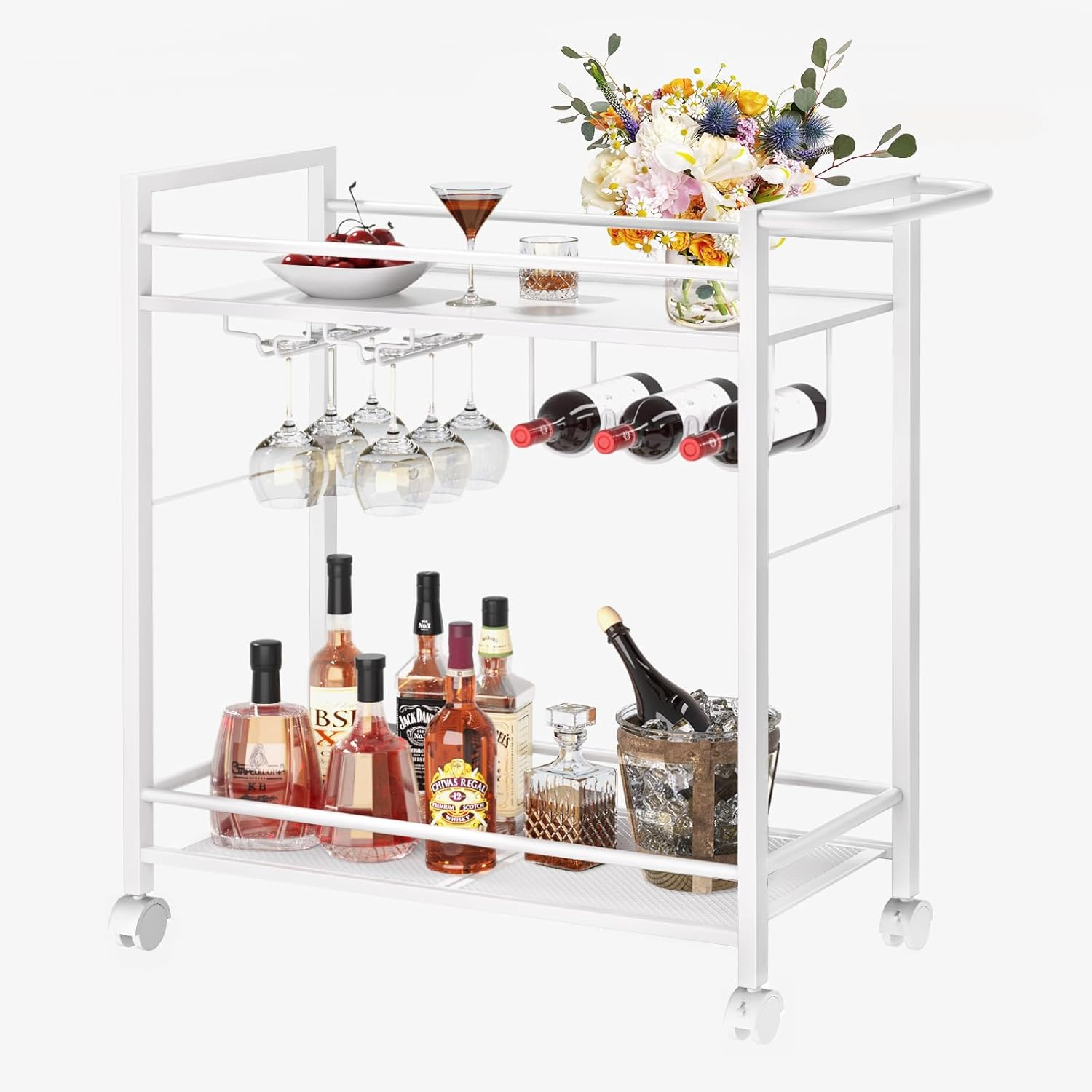 LELELINKY White Serving Trolley, Bar Trolley with Wheels, Modern Bar Cart with Storage Space, Wine Trolley with Wine Rack and Wine Glass Holder for Kitchen, Living Room & Dining Room image number 1