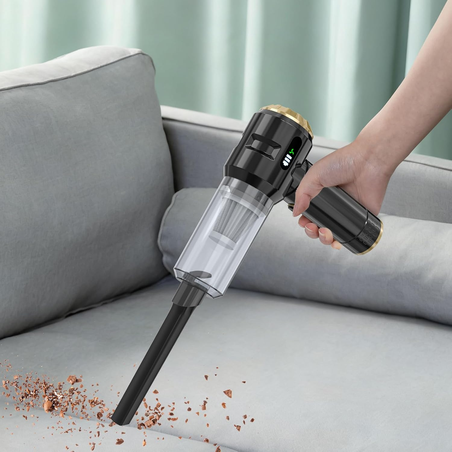 Cordless Handheld Vacuum Cleaner,Rechargeable Portable Lightweight Dust Blower,22000Pa Powerful Suction Mini Car Vacuum Cleaner for Deep Cleaning of Home,Car and Pet Hair(Black-Gold) image number 4