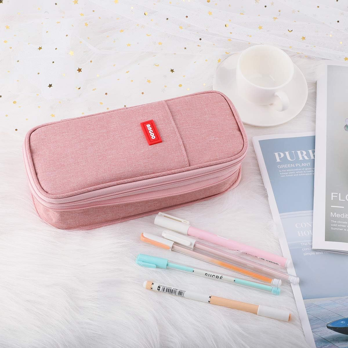 Isuperb Pencil Case Large Capacity Student Canvas Pencil Case Storage Bag Double Zipper Pencil Box for School, Pink1, Modern image number 4