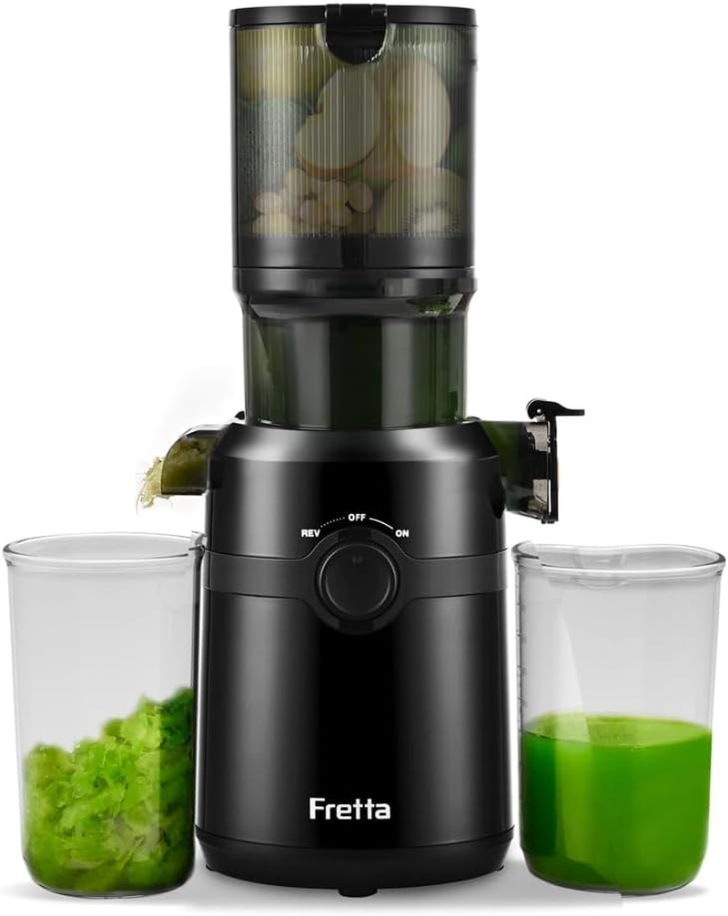 Fretta Cold Press Juicer Machine for Whole Fruits and Vegetables,Masticating Slow Juicer with 1L Large Capacity and 108Mm Wide Feeding Chute,Tritan Bpa-Free,Reverse Function,200W,Easy to Clean,Black