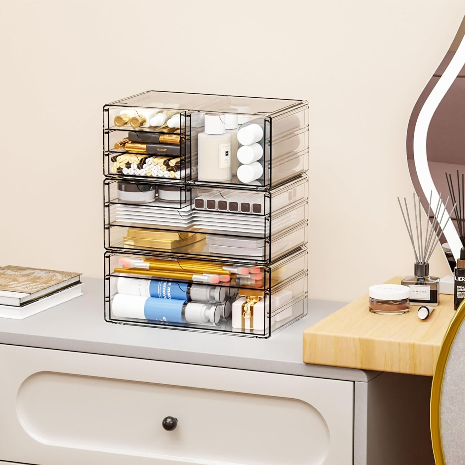 Yieach 3Pack Clear Drawer Organizers Stackable,Acrylic Storage Drawers with 10 Drawers,Multipurpose Office Supply Organizer and Makeup Organizer for Beauty,Craft,Pen,Medical,Stationary Desk Organizers image number 5