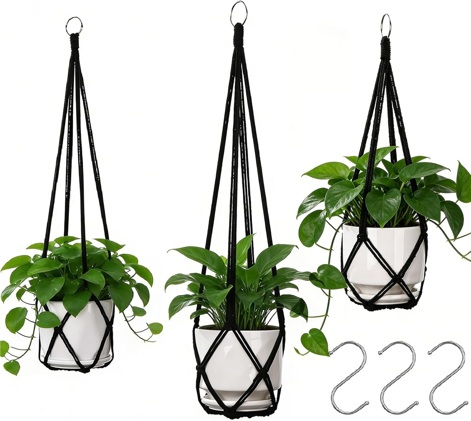 YIBOT 3 Pack Macrame Plant Hanger Indoor Hanging Planter Basket with 3 Hooks, 35"/29"/23" Crochet Plant Holder Stand No Tassels for Indoor Outdoor Boho Home Decor, Ivory (POTS NOT Included)
