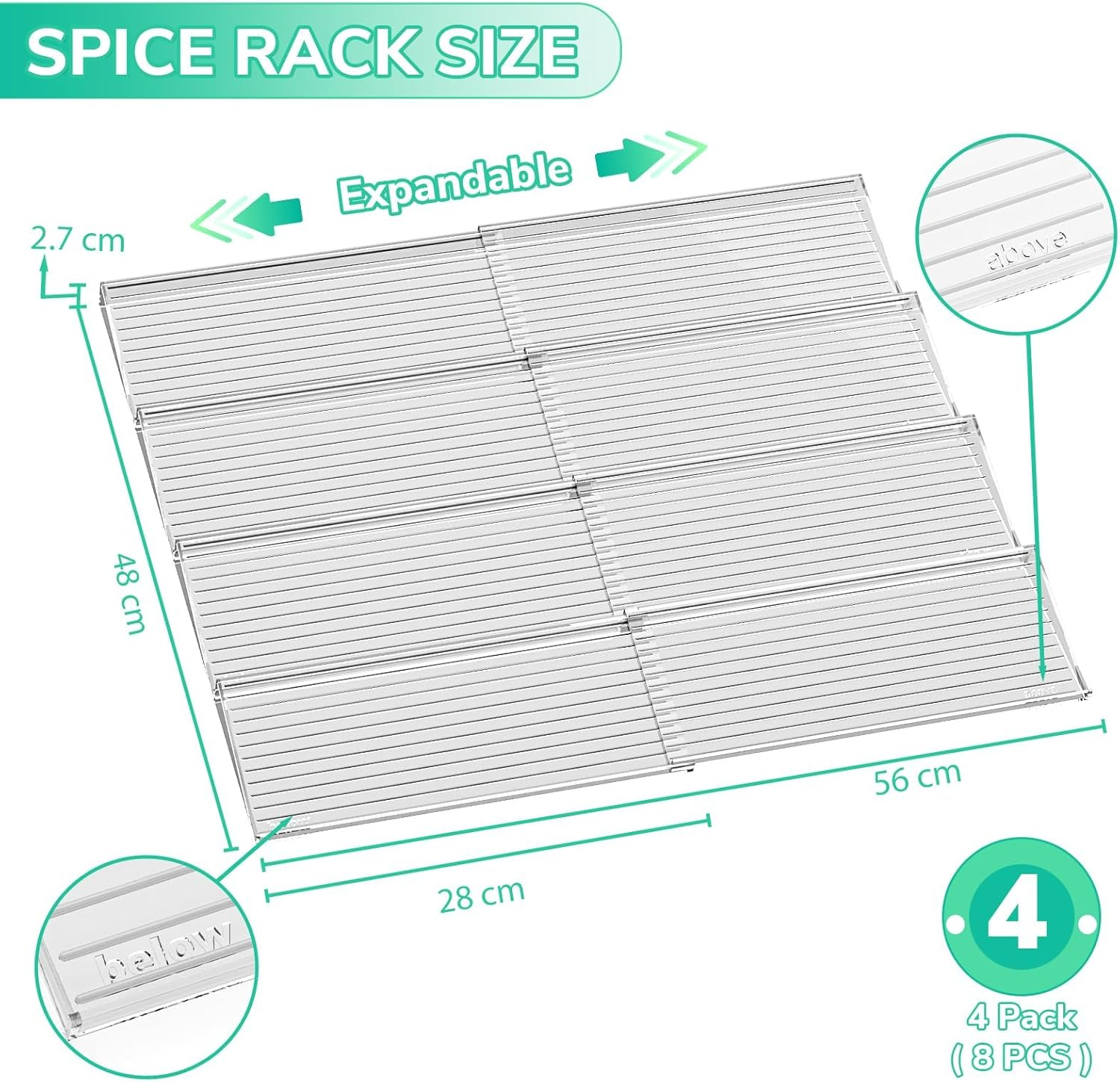 AVITONG Clear Acrylic Expandable Spice Rack for Drawers &ndash; 4 Pack Seasoning Organiser Holds 48 Jars, Fits Drawers from 28&ndash;56Cm Wide (Jars Not Included) image number 6