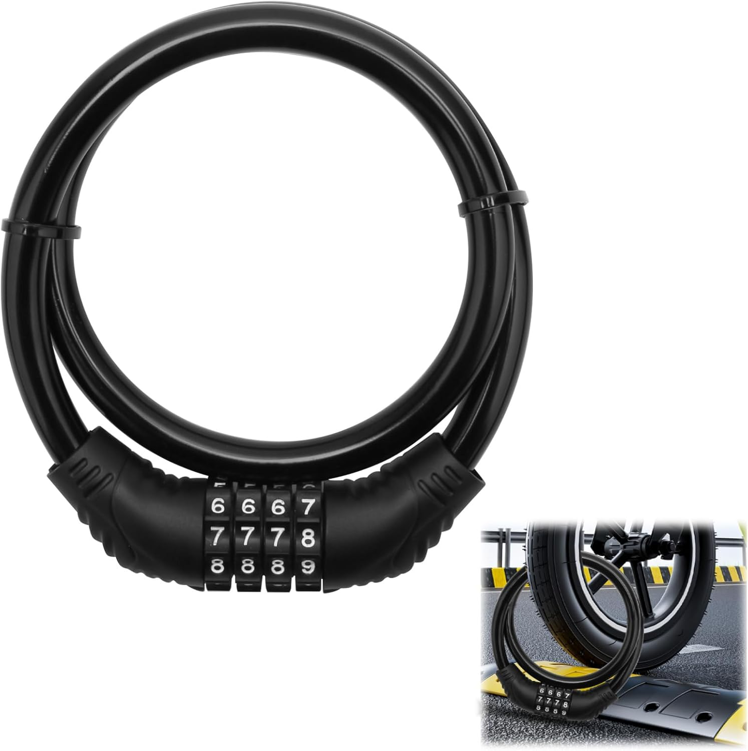 Combination Bike Lock with 65Cm Coiled Cable - 4 Digit Resettable Keyless Lock for Bicycle, Scooter, E-Scooter | Heavy Duty Anti-Theft Security | PVC Coated Flexible & Cut Resistant (Black)