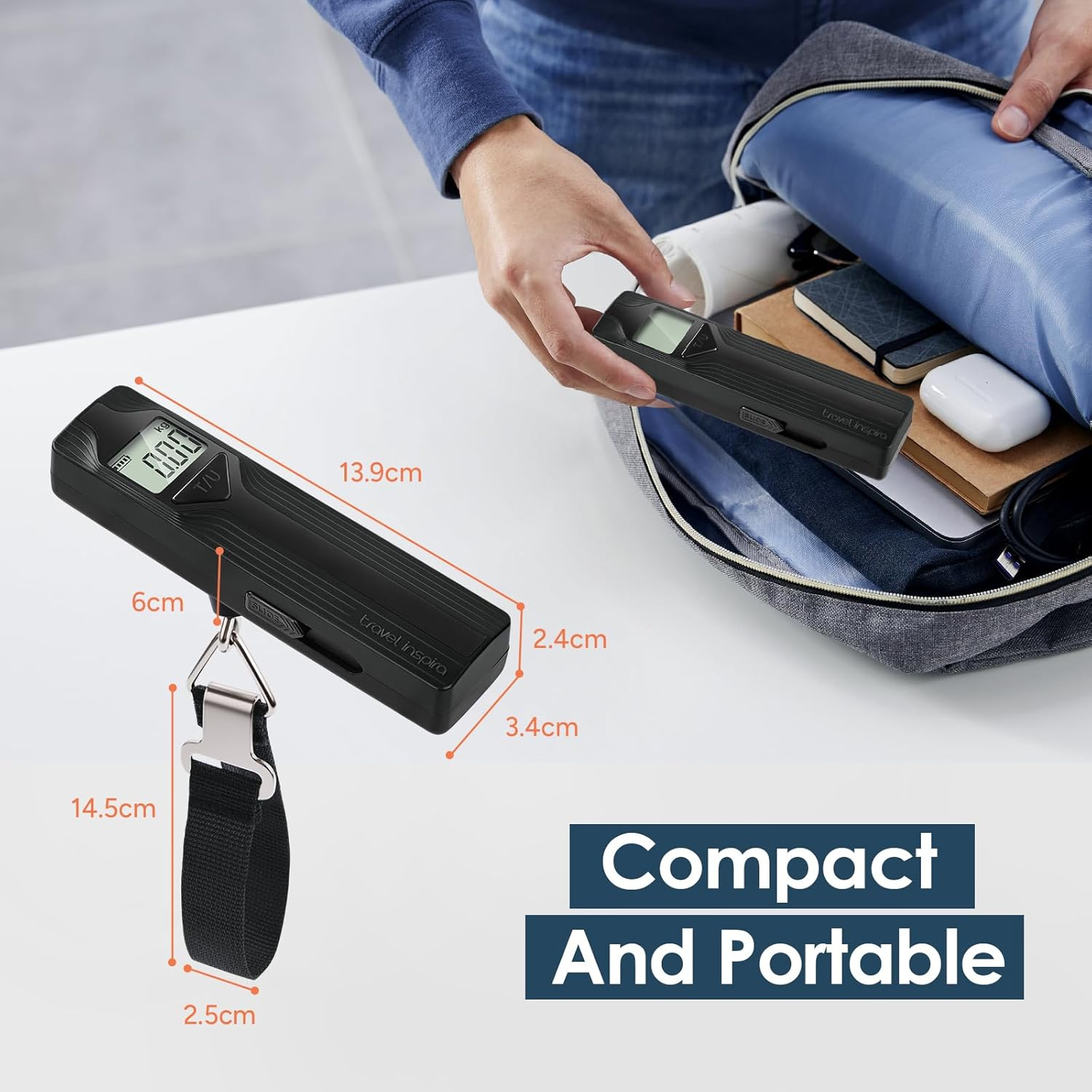 Travel Inspira Luggage Scale Battery-Free, Travel Essentials, Portable Handheld Digital Suitcase Weight Scale for for Travel Accessories, 110Lbs/50Kg (Black) image number 2