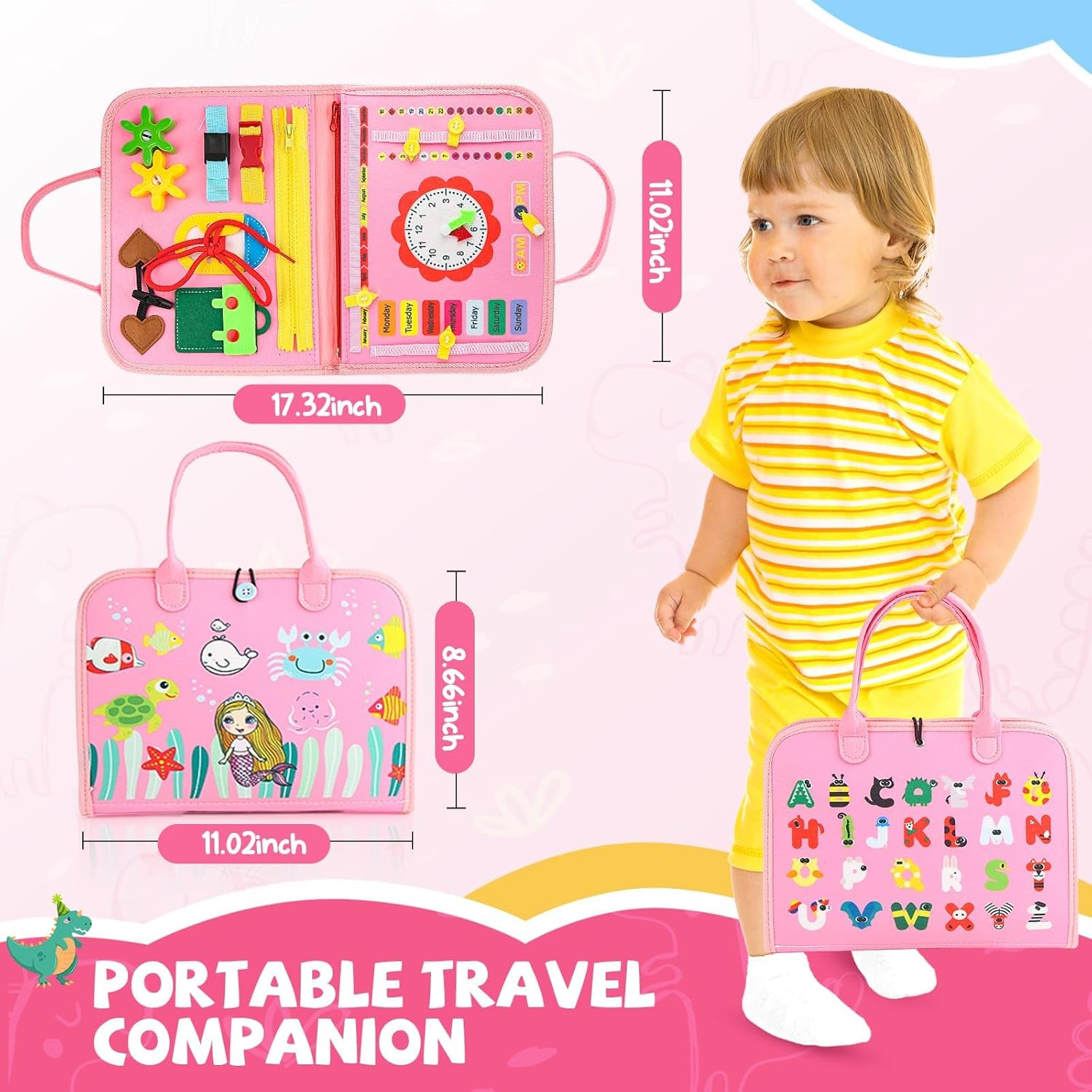 Montessori Busy Board Toys, Sensory Board for Toddlers 1-3, Travel Felt Busy Book for Airplane Car, Activity Busy Mat for Learning Fine Motor Skills Suits Boys Girls Birthday Gifts (Pink) image number 6