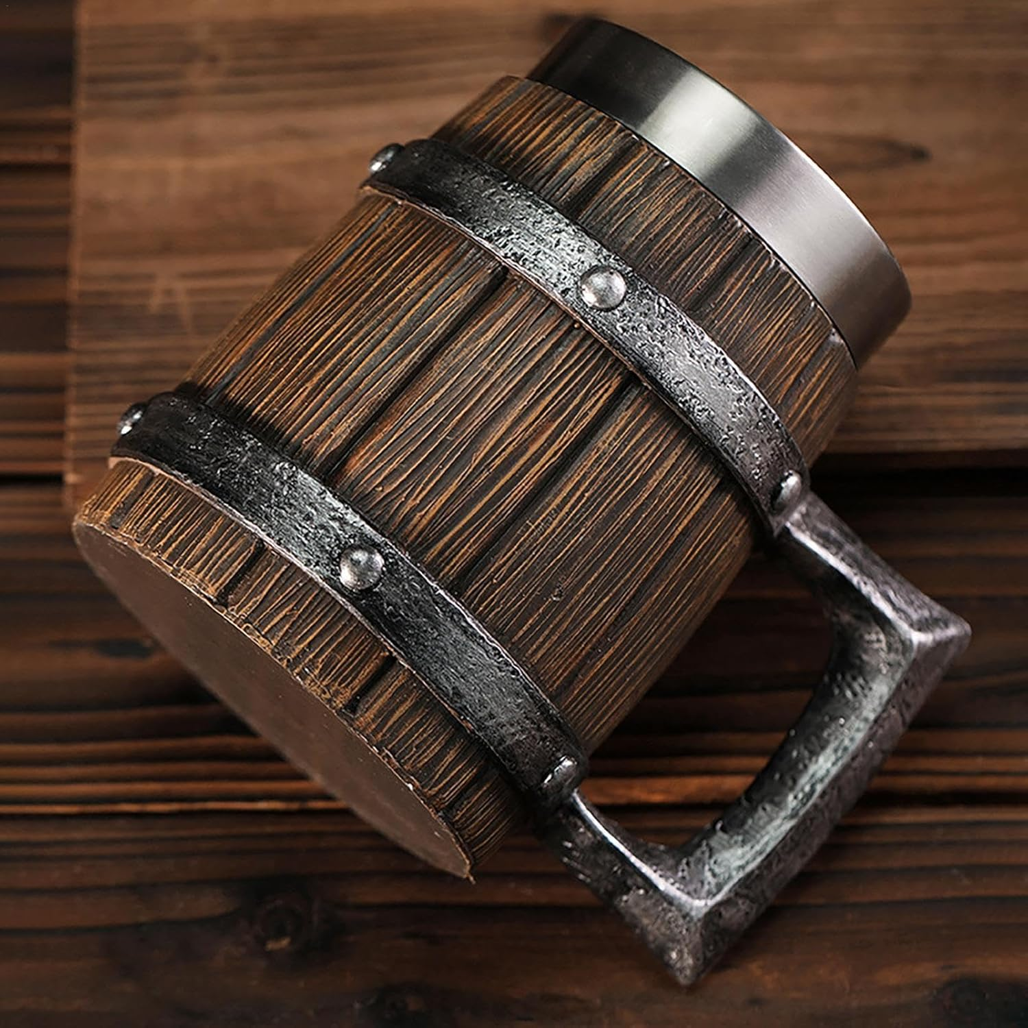 Pirate Stein Beer Stein Beer Mug Funny Large Creative Stainless Steel Large Capacity Bar Mug Vintage Tankard Large Beer Mug 600Ml Wood Stainless Steel Barrel Beer Mug Barrel Beer Mug Coffee Cup Liquor image number 4