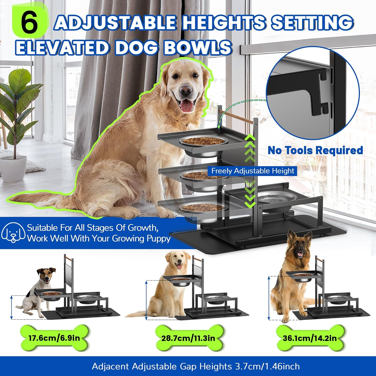 6 Height Adjustable Raised Dog Bowl Stand, Metal Elevated Dog Bowls for Medium Dogs with Independent Dog Feeding Mat, Dog Food Stands, Dog Feeder Station for Medium Small Dog (Black)