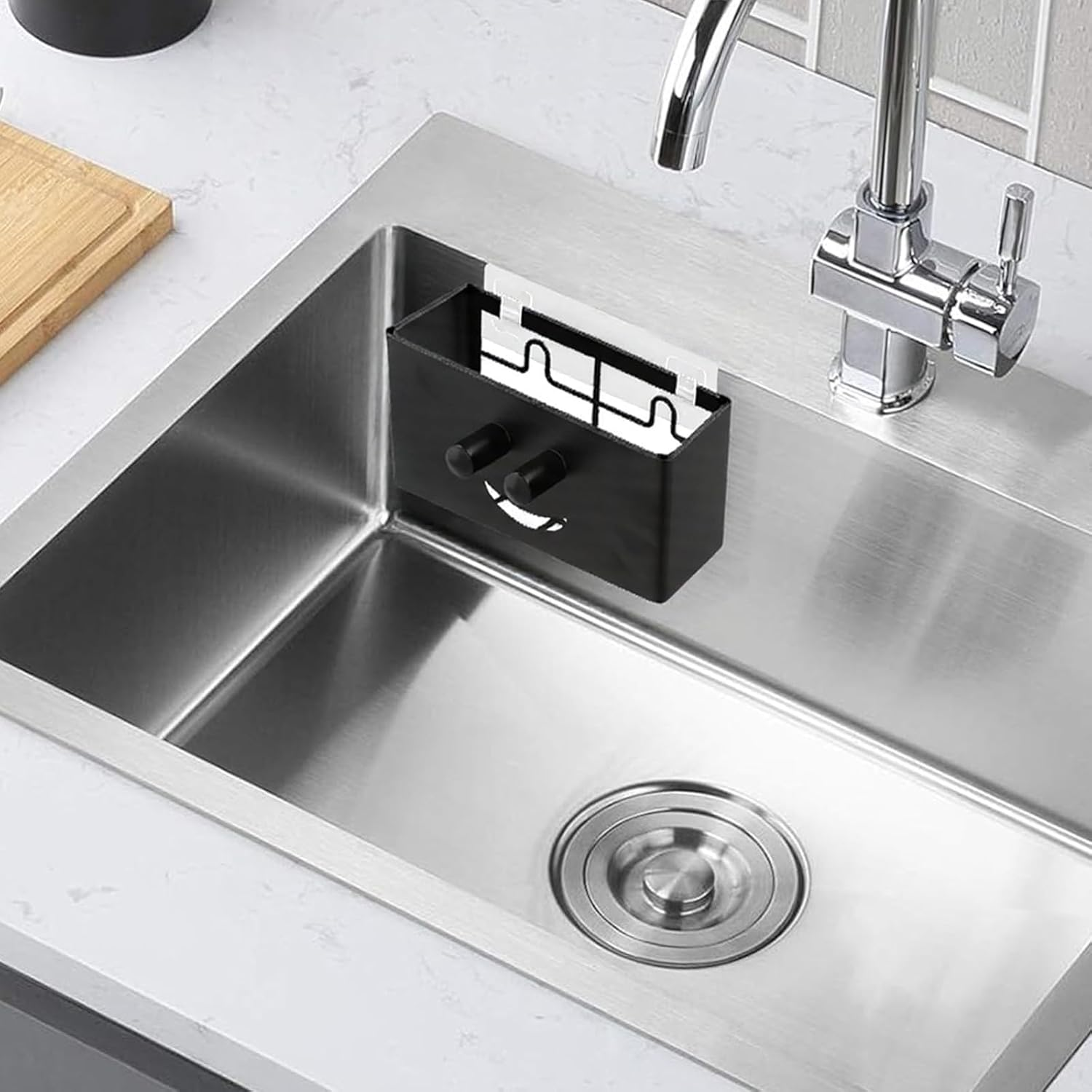 QINGZY Sink Organiser, Smiling Design with Strong Adhesive Hook & 2 Suction Cups, Sink Organiser for Kitchen & Bathroom, Sink Caddy, Sponge Holder, Rustproof, Space-Saving, Wall Mounted image number 3