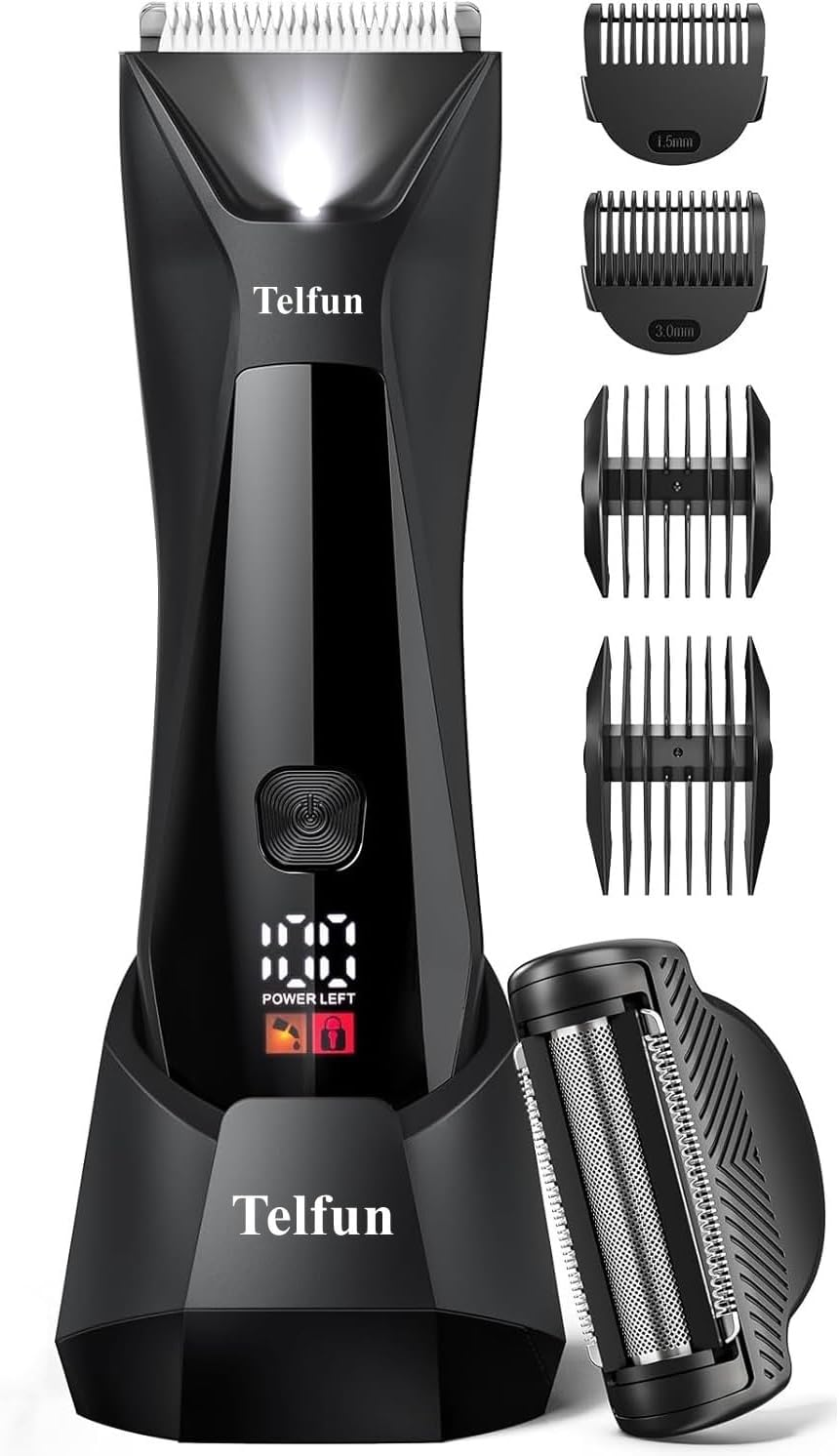 Telfun 2-In-1 Body Trimmer & Shavers for Men, Ball Shaver W/Dual-Head Trimmer&Foil Blades, Waterproof Groomer W/Light for Pubic, Groin, Back, Electric Razor W/Travel Lock, Pouch, USB-C Cable image number 5