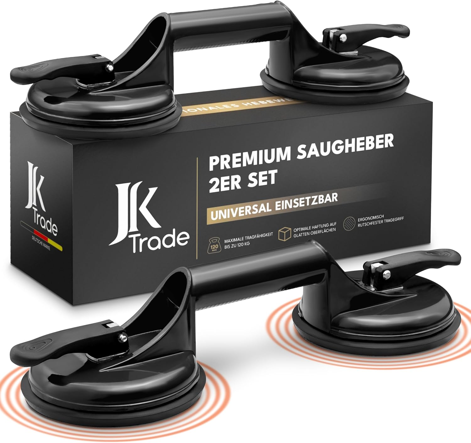 JK Trade&reg; Set of 2 Suction Lifters with Carry Handle Non-Slip Vacuum Lifter with Handle up to 120 Kg Load Capacity Suction Cup Lifting Tool as Transport Aid for Glass Panes, Tiles, Laminate (Grey)