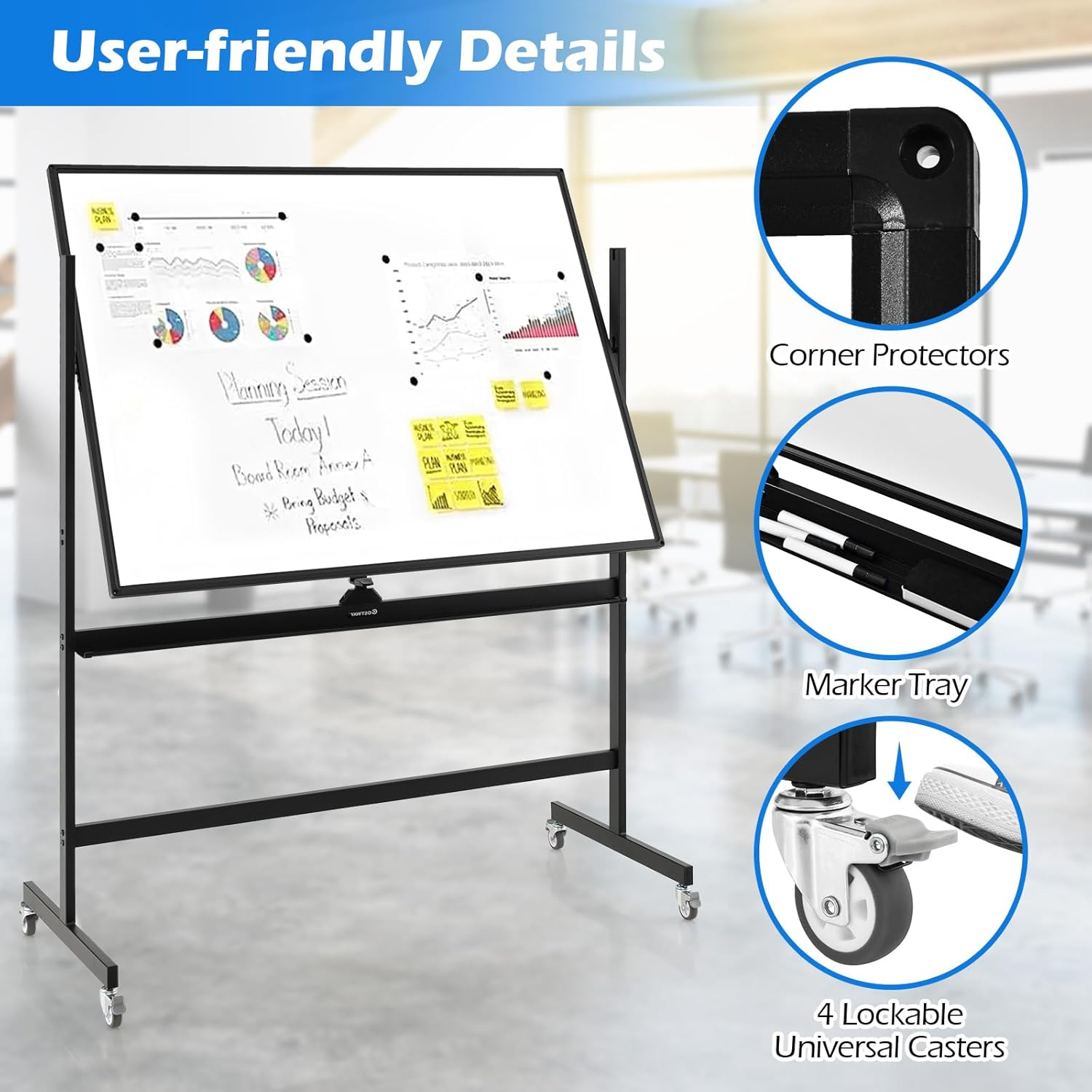 Costway 90 X 120 Cm Mobile Magnetic Whiteboard, Double-Sided Reversible & Lockable Free-Standing Whiteboard, Adjustable-Height, 360&deg; Rolling Dry Erase Board with Flip Chart for School, Office, Home image number 4