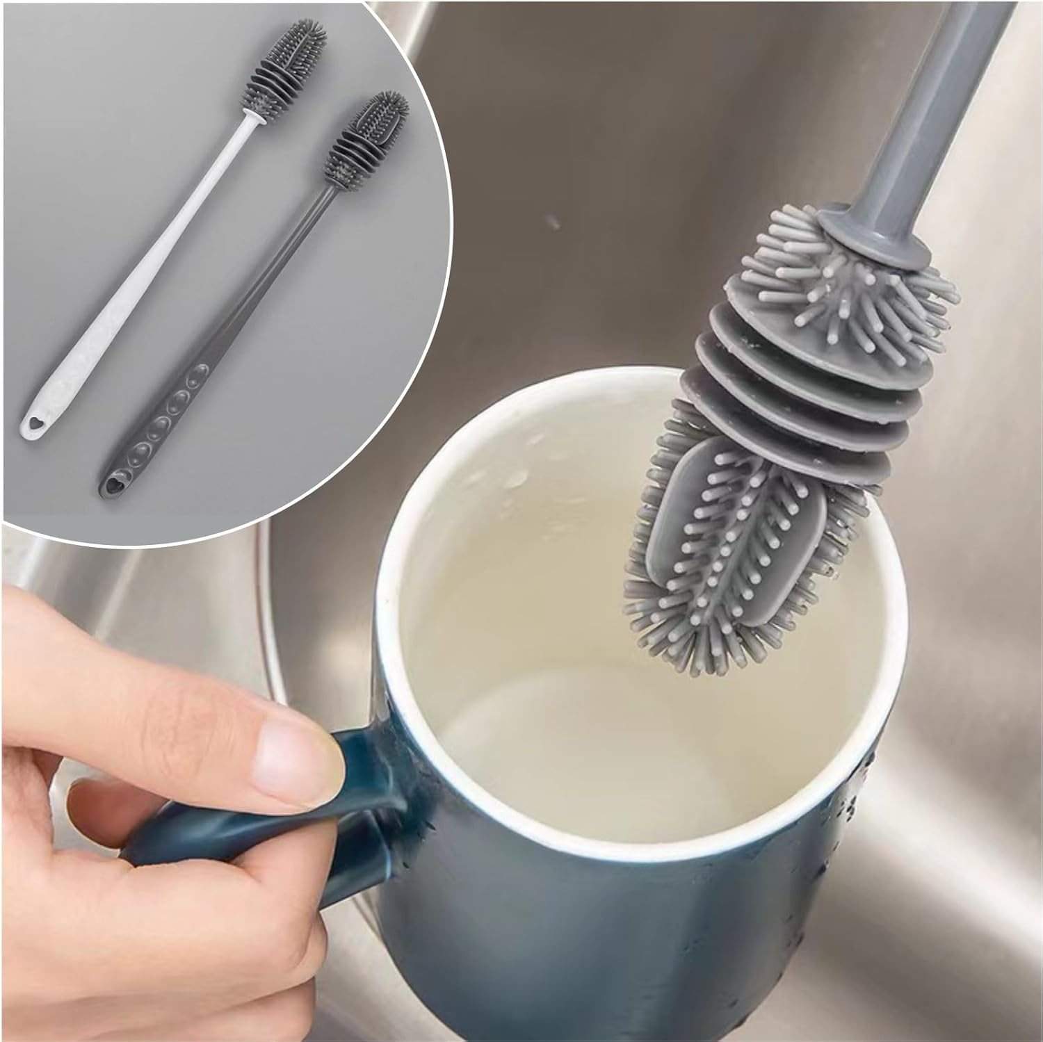 Silicone Bottle Brush,Long Handled Silicone Bottle,Perfect for Cleaning Brush Cleaning Vases, Sports Bottles, Glassware Water Bottles, Suitable for Cleaning Narrow Neck Container (2 PCS Grey White) image number 1
