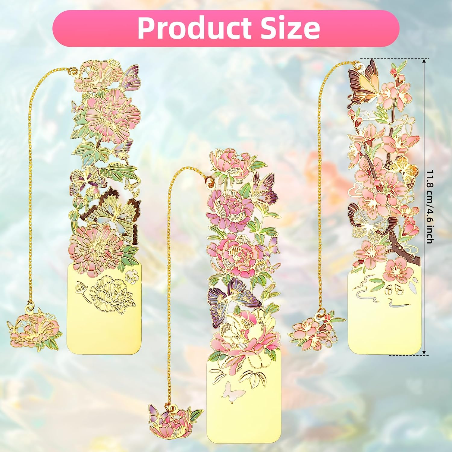 Sgbvzbd 3 PCS Metal Bookmarks, Bookmarks for Reading Women, Pretty Bookmarks for Women, Beautiful Metal Bookmark, Beautiful Flower Bookmark, Peach Blossom, Cottonrose Hibiscus, Peony (BKM-050-001) image number 2