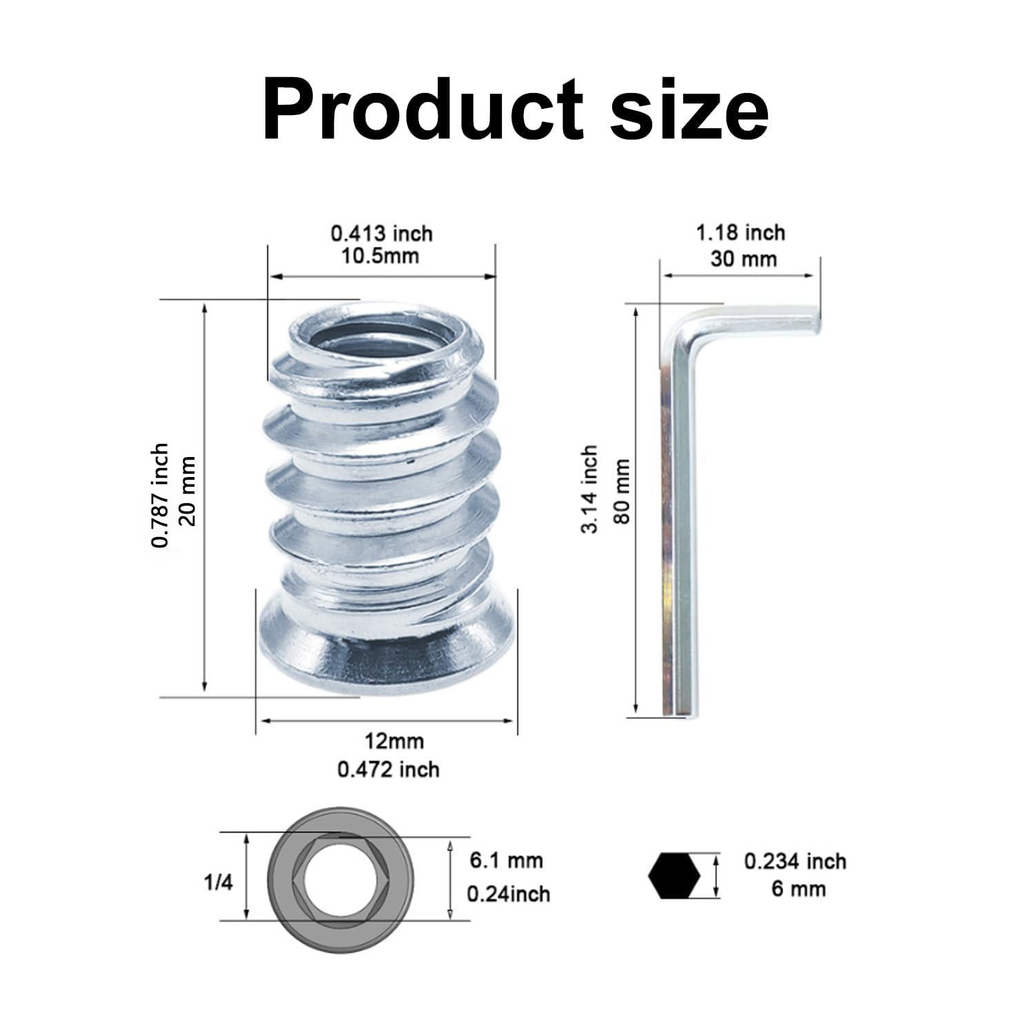 Funcyboo 40 Pcs Threaded Insert, 1/4"-20 X 15Mm Wood Inserts Bolt Screw in Nut Fastener Connector Furniture Screw for Wood Furniture (With 1/4" Allen Wrench) image number 3