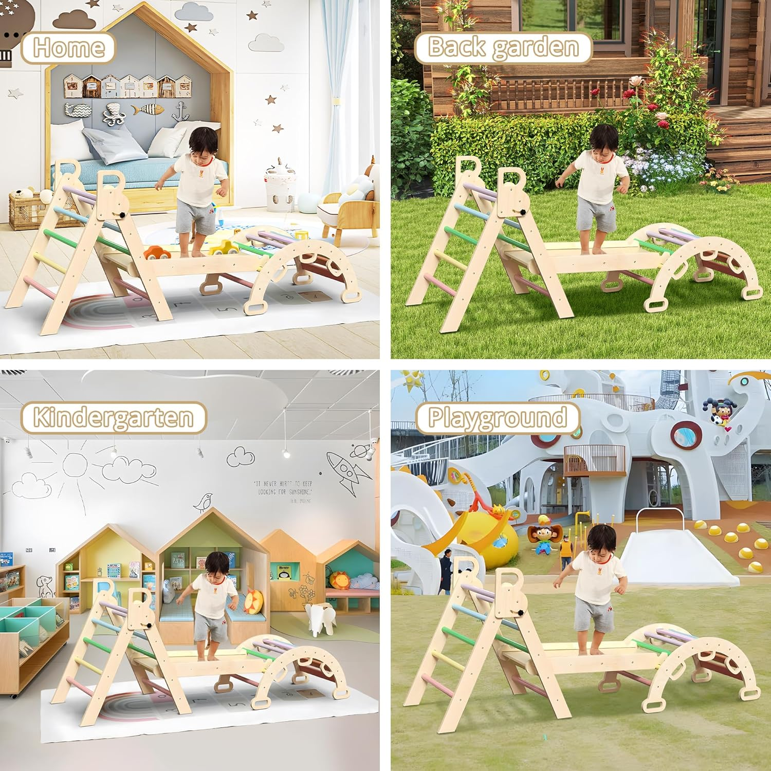 Kids Triangle Climbing Toys Set 7 in 1 Foldable Toddler Wooden Climbing Toys with Arch Ramp Ladder Baby Climber Indoor Jungle Gyms for Toddlers - Rainbow