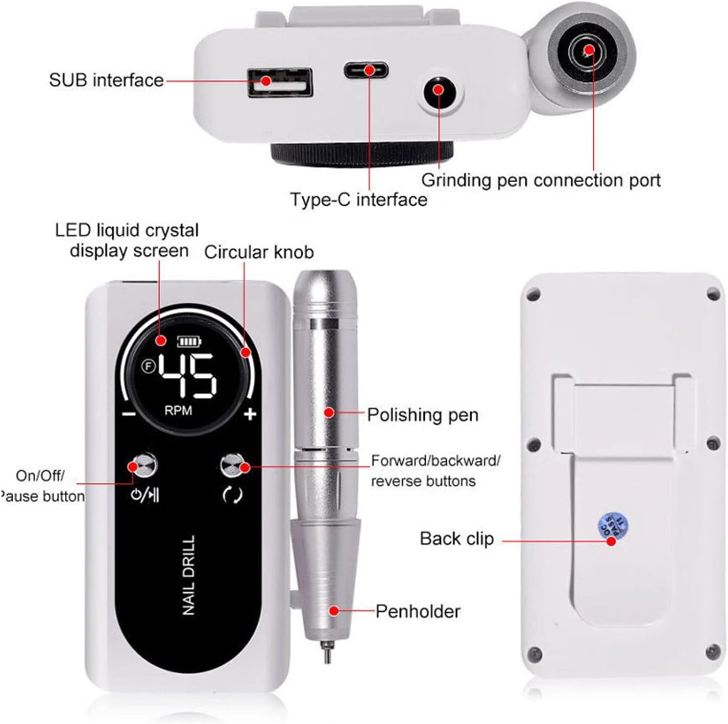 Cordless Nail Drill Machine,45000 RPM Rechargeable Portable Nail File Kit for Acrylic, Gel Nails, Manicure (Purple)