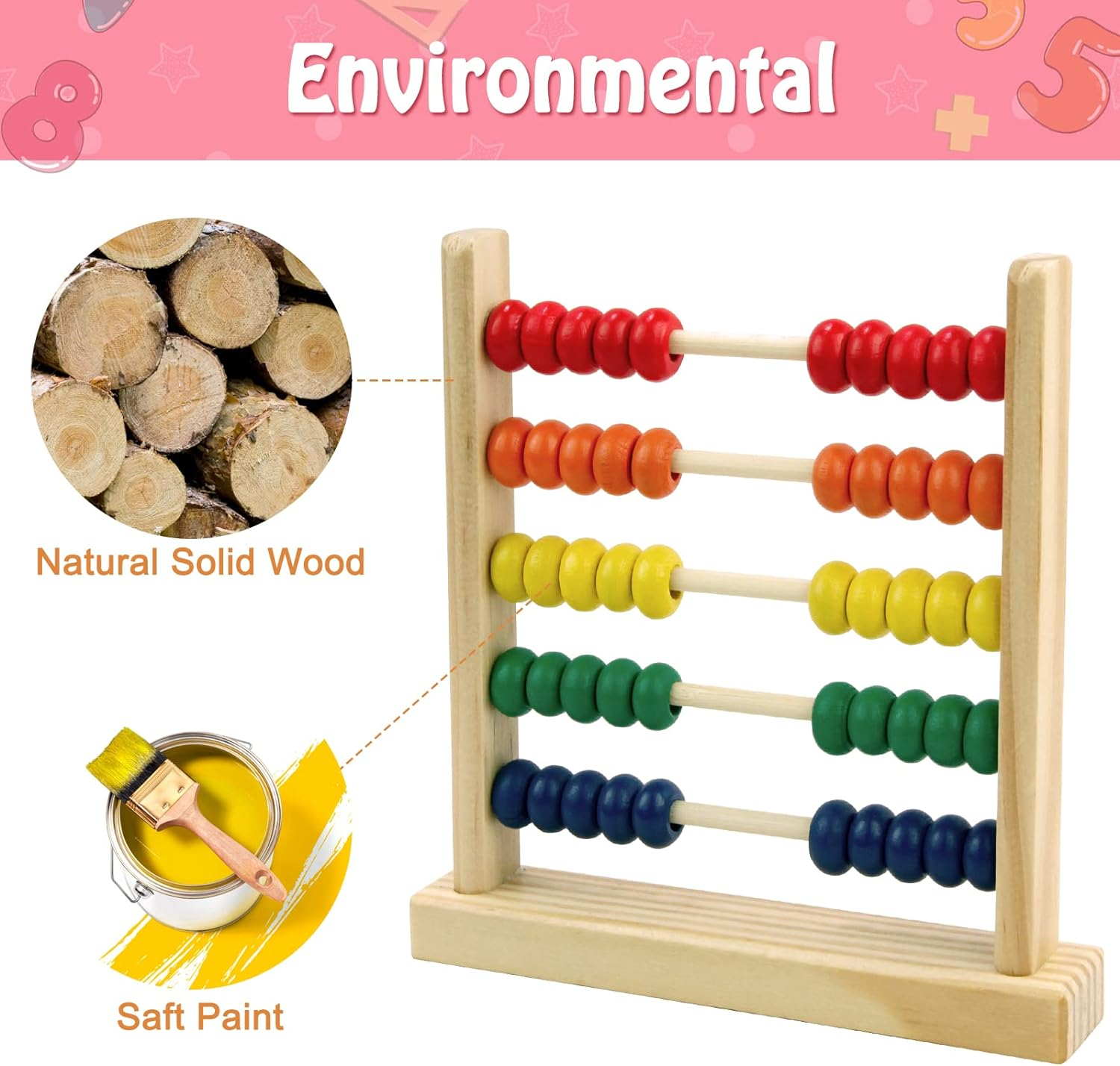 Sealive Wooden Abacus for Kids Math - 50 Beads Counting Toy, Multi-Color Counters for Kids 3-5, Counting Toys for Preschool Learning & Development, Develops Coordination, Motor Skills