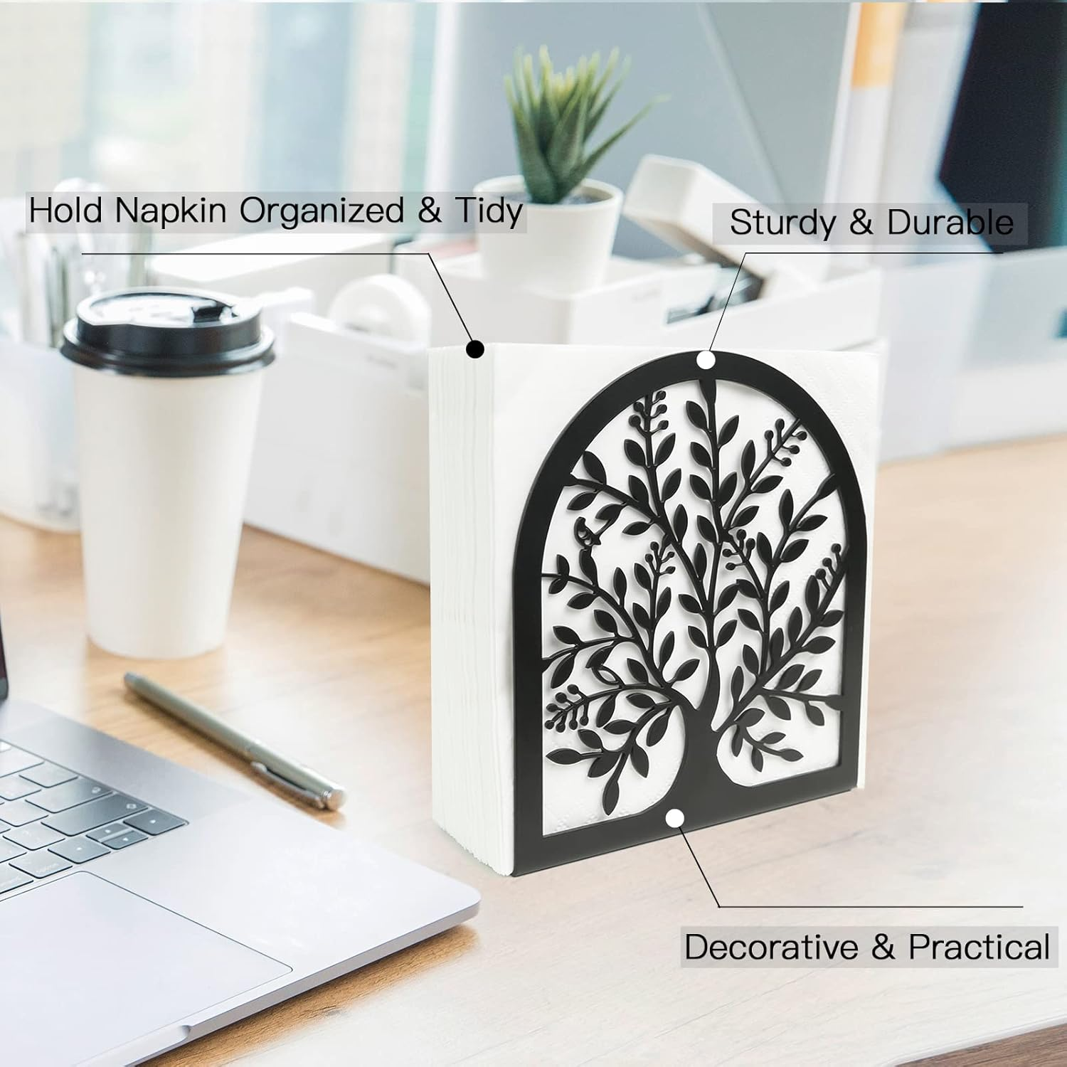 Fobule Napkin Holder for Tables, Vintage Metal Freestanding Tissue Dispenser, Black Cast Iron Vertical Tabletop Paper Napkin Holder Stand for Dinner Home Kitchen Restaurant Picnic Party (Tree of Life) - Tree Of Life image number 2