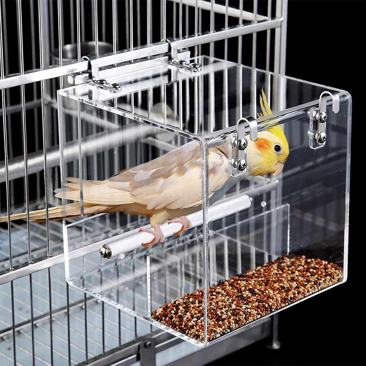 No Mess Bird Feeder for Cage, No Spill Automatic Bird Feeder Clear Window Mess Free Cage Feeder for Parakeet Parrot Cockatiels Lovebirds 5.1Inch image number 5