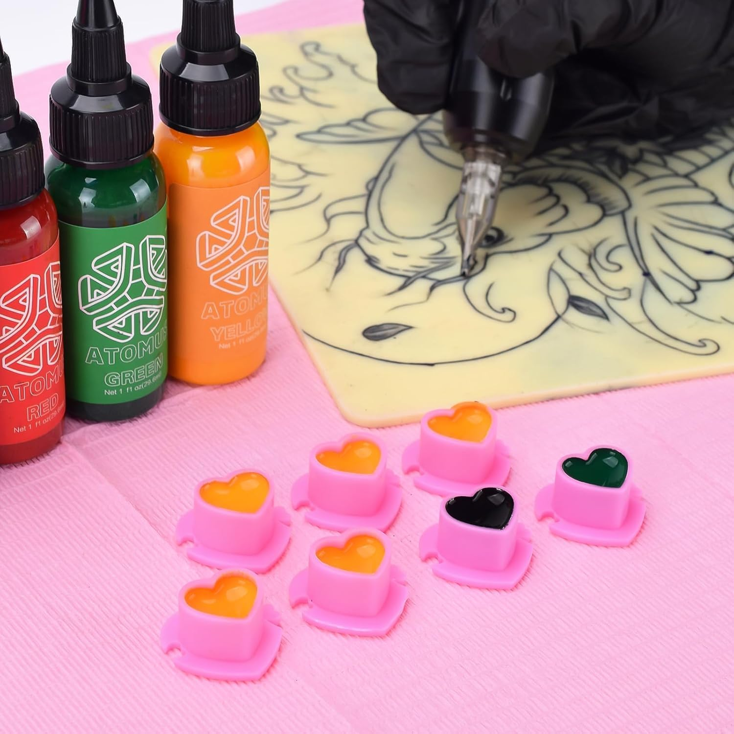 Heart-Shaped Tattoo Ink Cups with Base Pink, 200Pcs Pink Heart Design Silicone Ink Cups, Silicone Tattoo Ink Holders image number 2