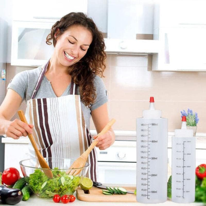 6PCS 250/500ML Sauce Bottle Squeeze Crafts Bottle Condiment Dispenser, Leak-Proof Red Cap, Clear Food-Grade PE, Bpa-Free, with Measurement Marks image number 3