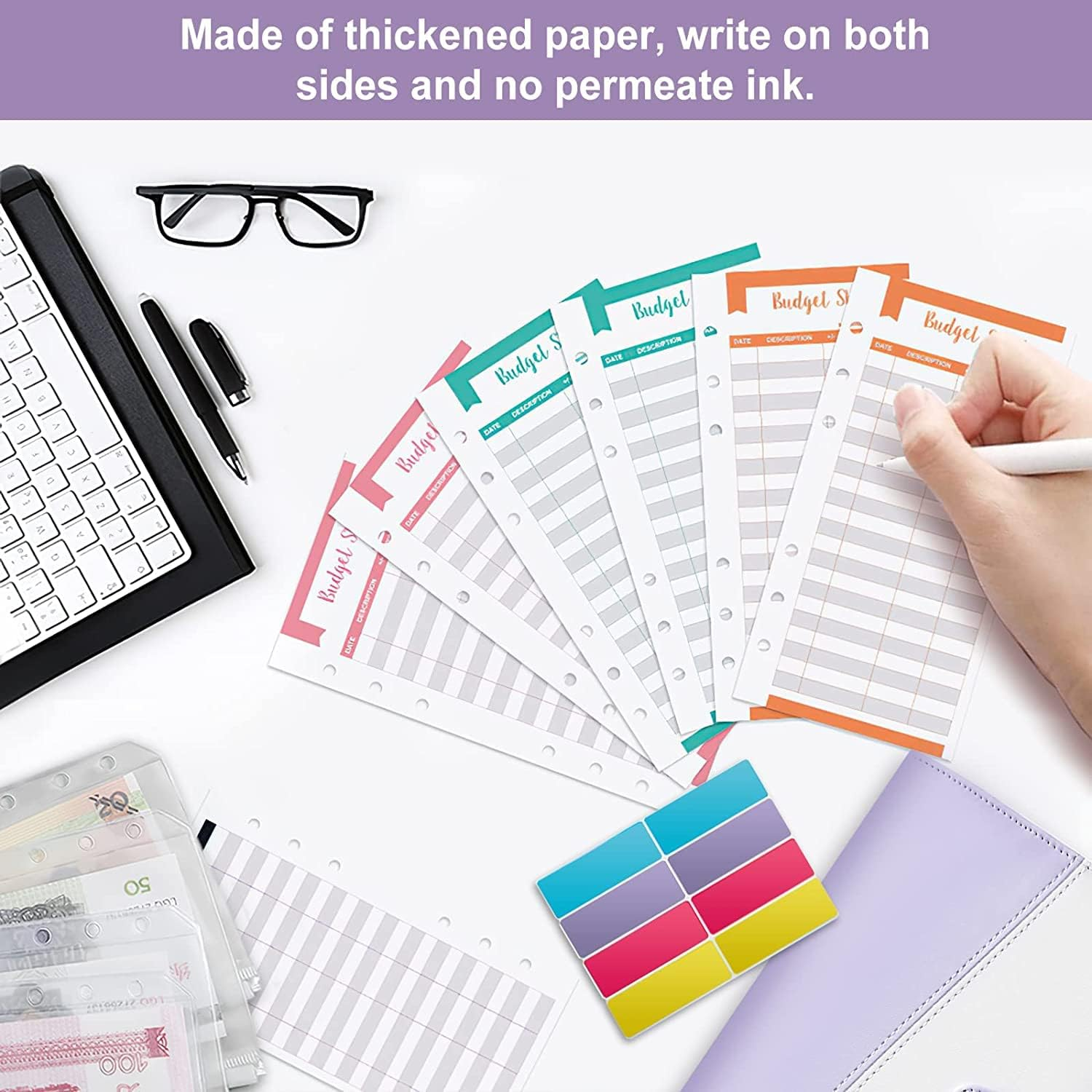 Budget Binder with Cash Envelopes for Budgeting, A6 Size, 12Pcs Budget Planner, Zipper Envelopes (Purple-White) image number 6