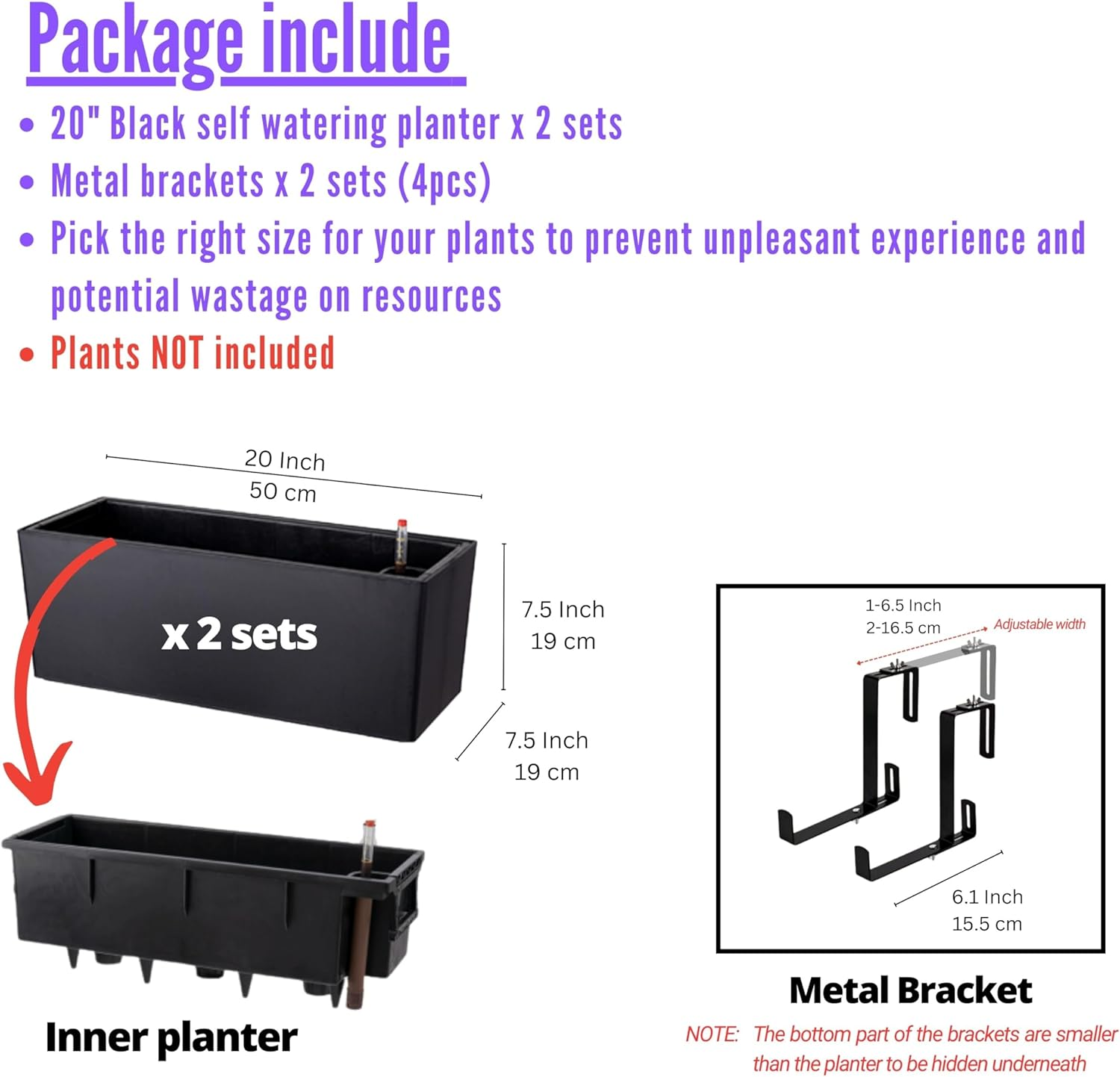 Lalagreen Rail Planter for Balcony Outdoor (2 Pack, 20 Inch) Large Black Self Watering Railing Planters with Brackets, Rectangular Plastic Deck Fence Window Box Designer Choice with Rattan Pattern image number 2