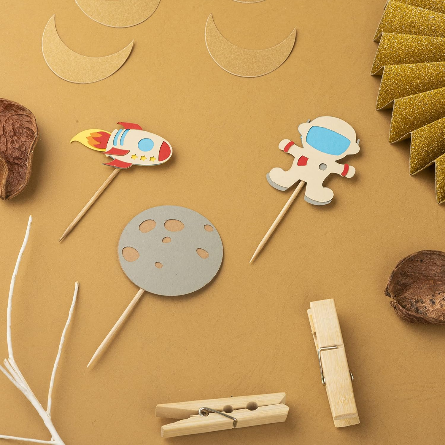 Confetti! 14 Pack Space Astronaut Cupcake Toppers Planet Rocket Spaceship Trip to the Moon Star Cupcake Food Picks Universe Outer Space Theme Baby Shower Kids Birthday Party Cake Decorations image number 2