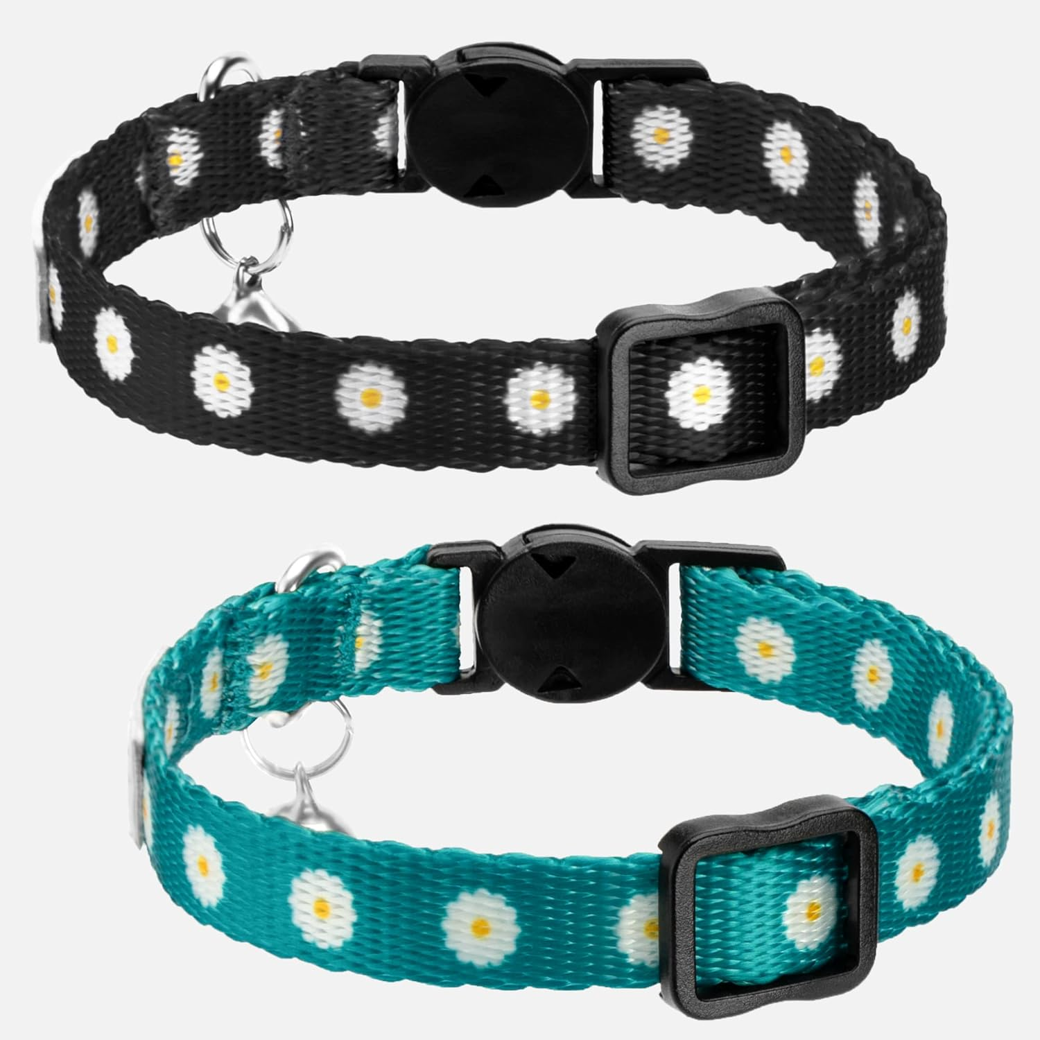 Collardirect Cat Collar with Bell Floral Pattern 2 Pack Set Flower Adjustable Safety Breakaway Collars for Cats Kitten (Black + Aqumarine)